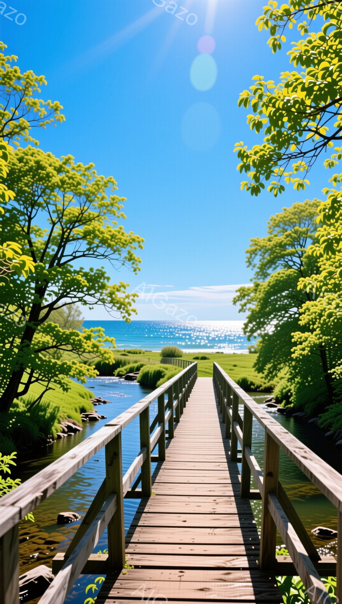 青々とした木々に囲まれた木製の歩道が、穏やかな水面を越えて広がっている。太陽の光が水面に反射し、キラキラと輝き、のどかな風景が広がっている。歩道を歩けば、自然の美しさを満喫できるだろう。 - AI生成フリー素材