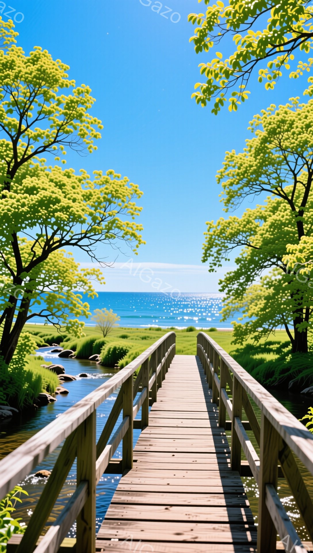 緑豊かな木々が生い茂る遊歩道が、キラキラと輝く海へと続いている。遊歩道は木製で、周囲には緑の草が生い茂り、穏やかで平和な雰囲気が漂っている。空は青く、太陽の光が水面を照らし、爽やかな景色を作り出してい - AI生成フリー素材