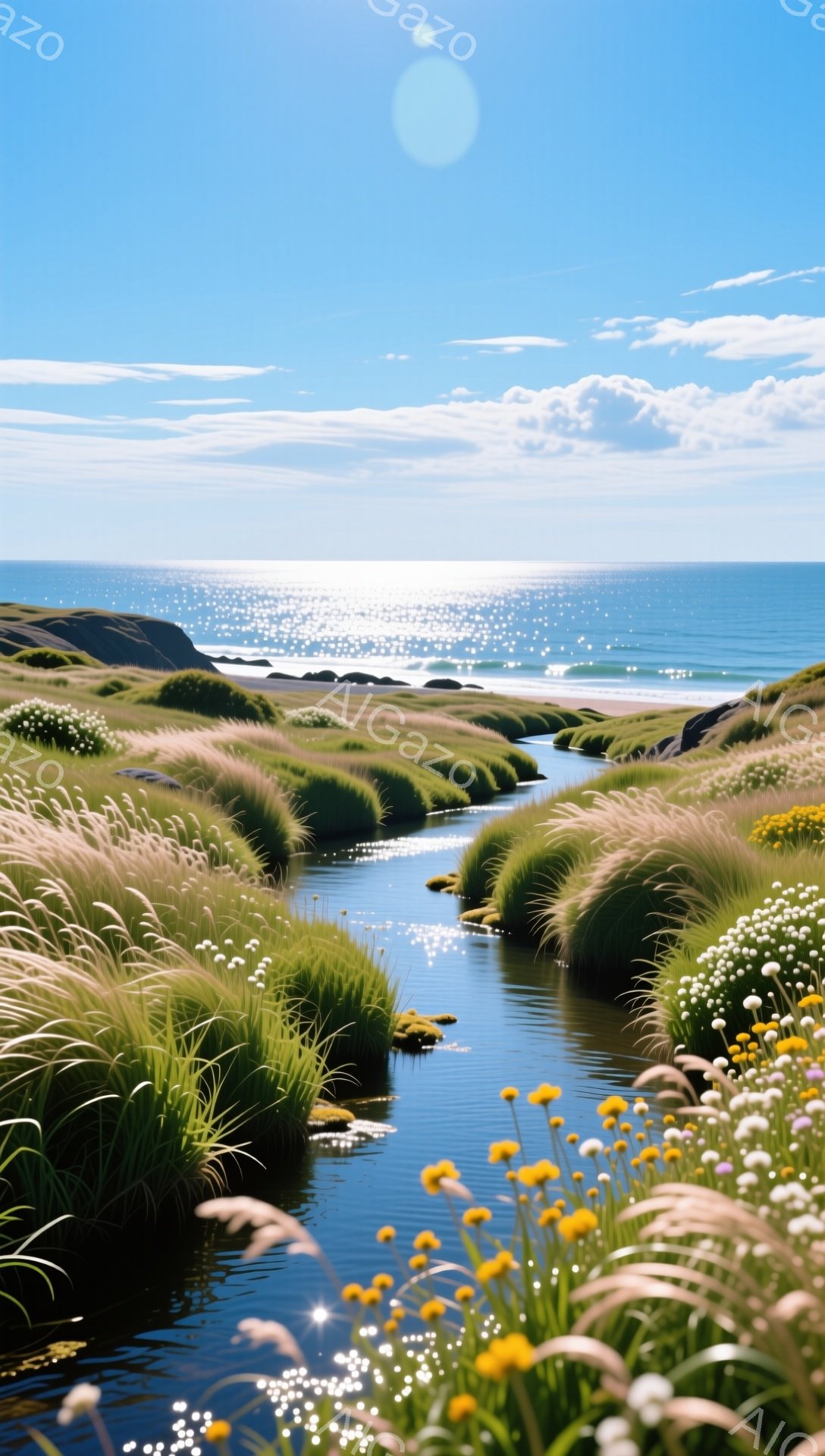 青々とした草が茂る水路が、輝く海へと続いている。空は澄み渡り、太陽の光が水面や草を照らし、穏やかで平和な雰囲気を醸し出している。遠くには海岸線と波が見え、自然の美しさを堪能できる風景だ。