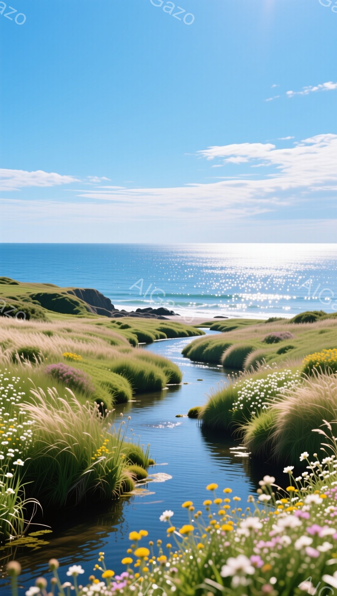 青々とした草と白い花が咲き乱れる小川が、穏やかな海へと流れ込んでいる。晴れた空の下、鮮やかな緑と青のコントラストが目に優しく、自然の美しさを感じさせる風景だ。太陽の光が水面で反射し、キラキラと輝いてい - AI生成フリー素材