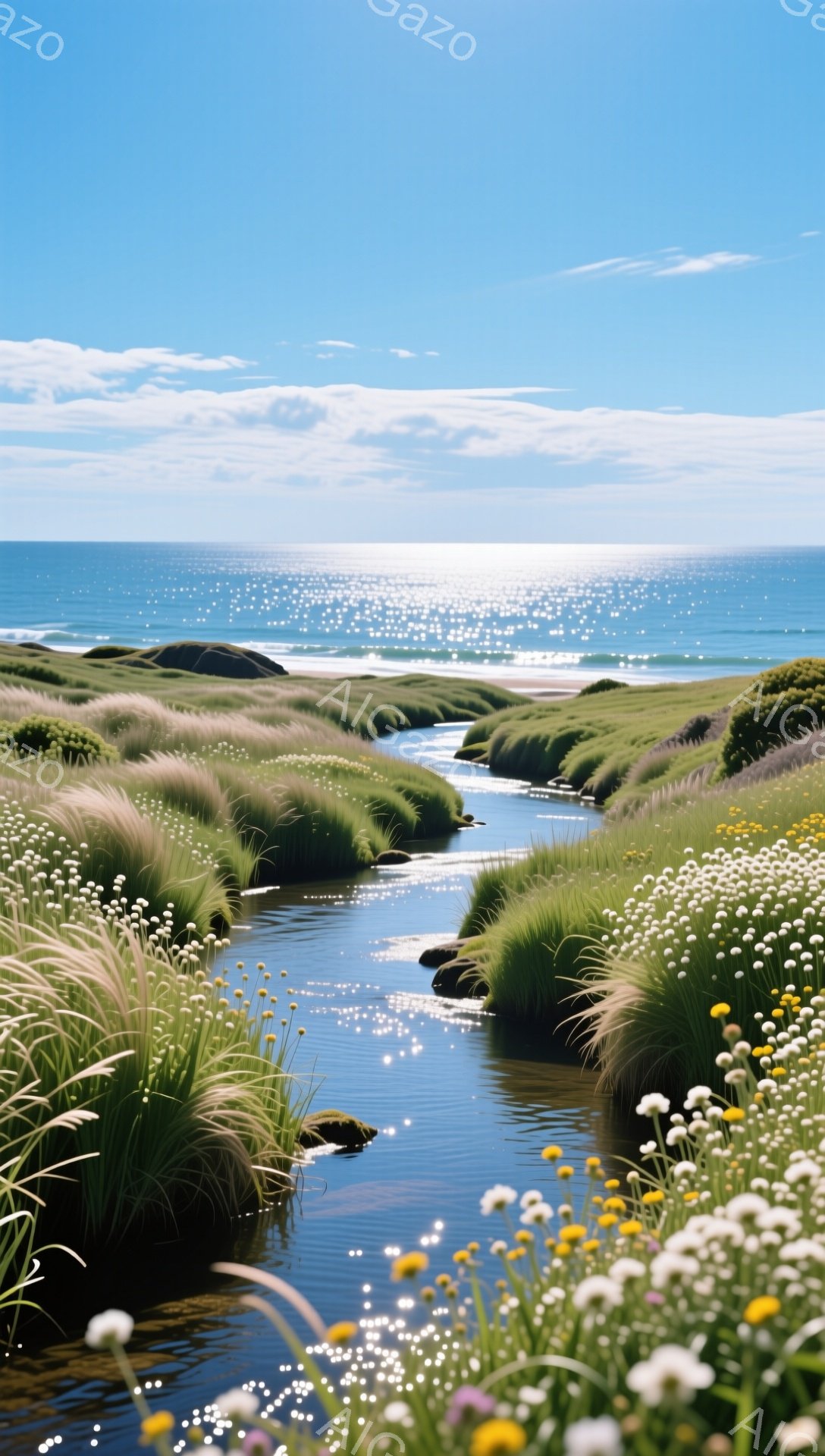 青々とした草が生い茂る小川が、明るい太陽の下でキラキラと輝く海へと流れ込んでいる。白い花や黄色い花が咲き乱れ、穏やかで平和な雰囲気を醸し出している。この風景は、自然の美しさと静けさを感じさせる。