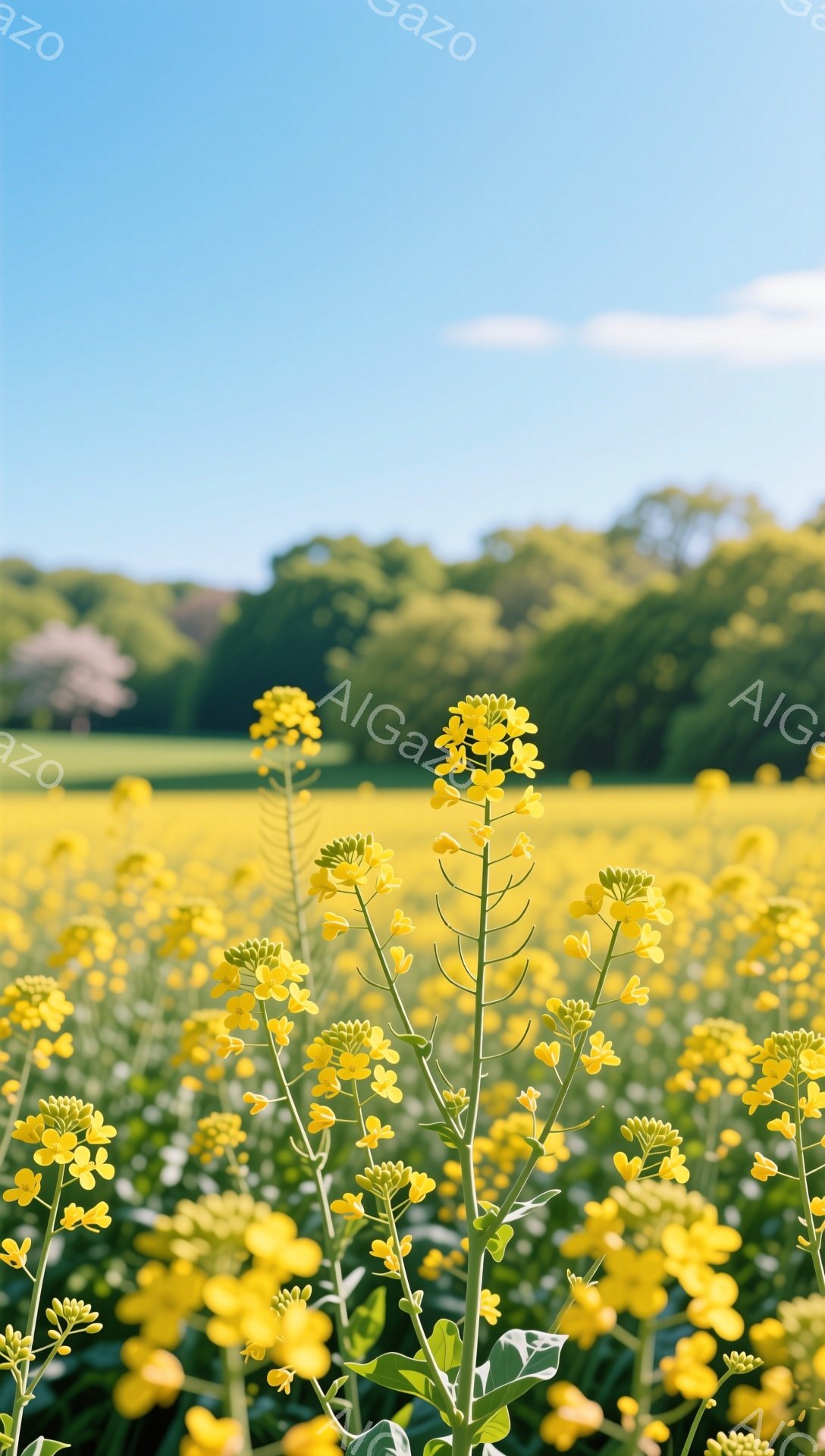 広大な菜の花畑が広がり、鮮やかな黄色が目に飛び込んできます。背景には緑豊かな木々がぼんやりと見え、空は澄み切った青色です。穏やかな日差しが差し込み、春の暖かさを感じさせる風景です。