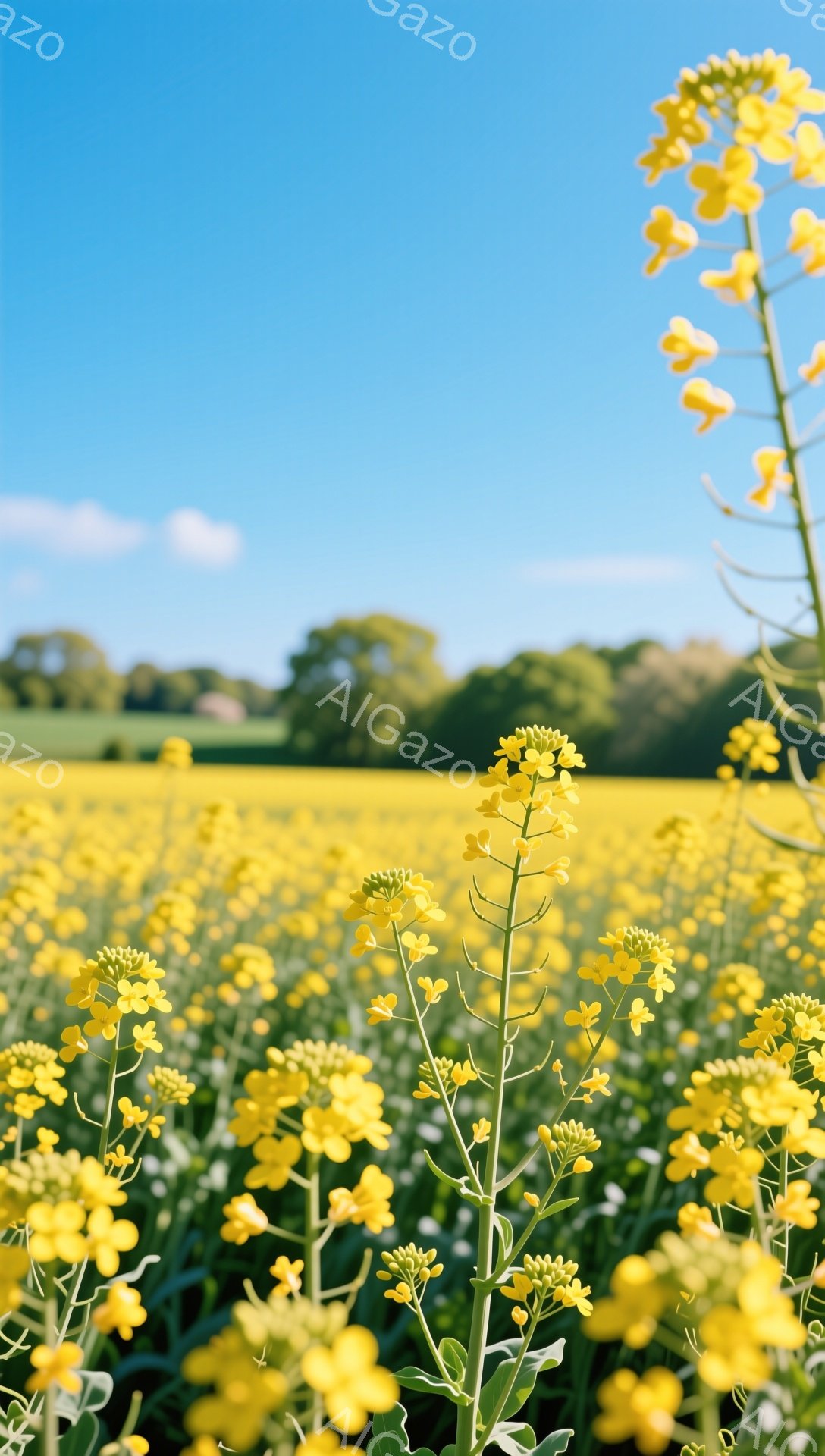 広大な菜の花畑が広がり、鮮やかな黄色が目に飛び込んでくる。手前の菜の花は鮮明に捉えられ、奥へ広がる畑と青空が美しいコントラストを生み出している。穏やかな日差しと菜の花の香りが感じられる、のどかな風景だ - AI生成フリー素材