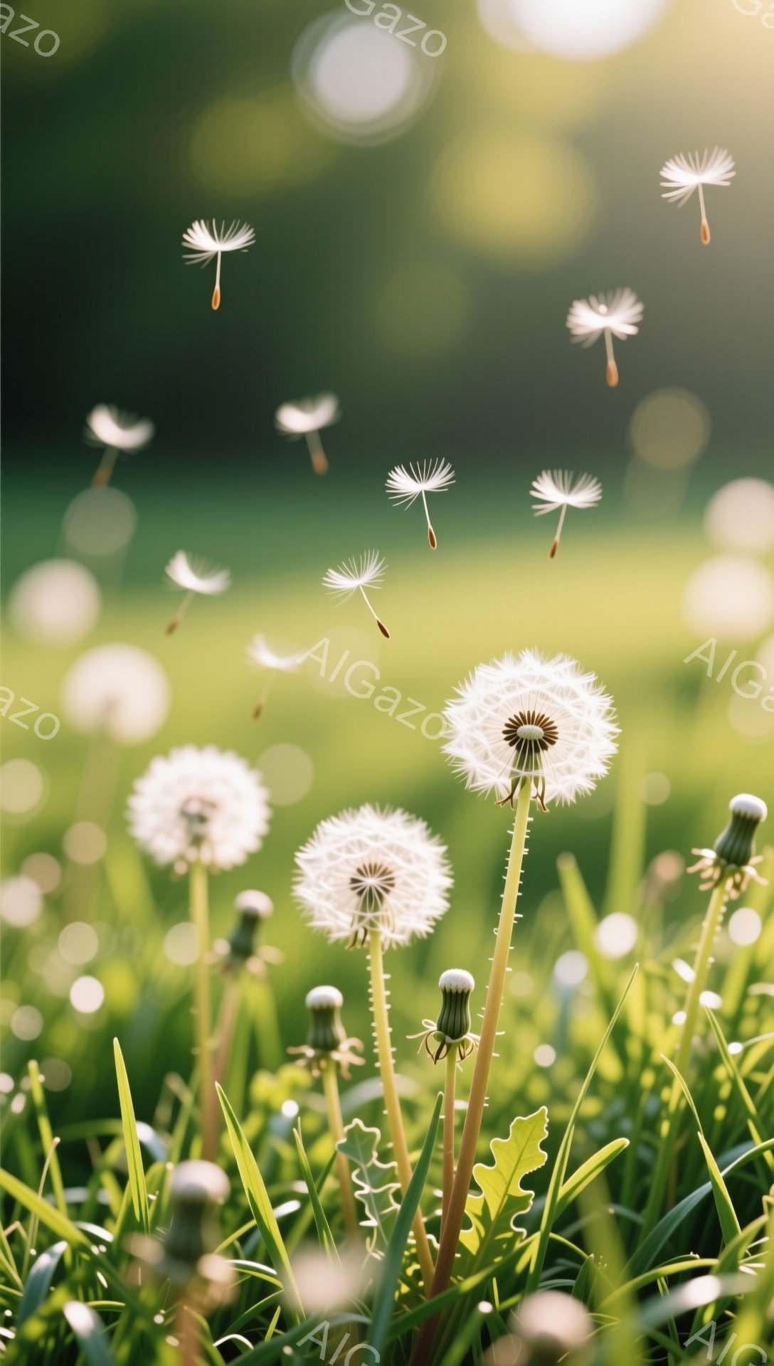 鮮やかな緑の草の中に、タンポポが咲き誇り、綿毛が風に舞っている。日の光が差し込み、暖かく穏やかな雰囲気を醸し出している。種を運ぶ綿毛が、春の生命力と希望を感じさせる。 - AI生成フリー素材