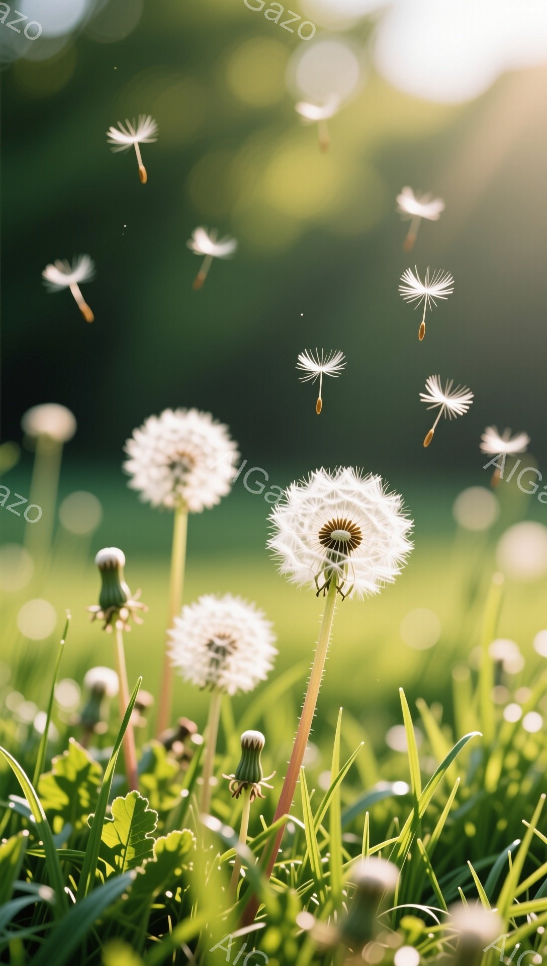 緑豊かな草むらにタンポポが咲き誇り、綿毛が風に舞っている。背景はぼやけており、焦点はタンポポと綿毛に当てられている。暖かく穏やかな雰囲気で、春や夏の日の光を感じさせる。 - AI生成フリー素材