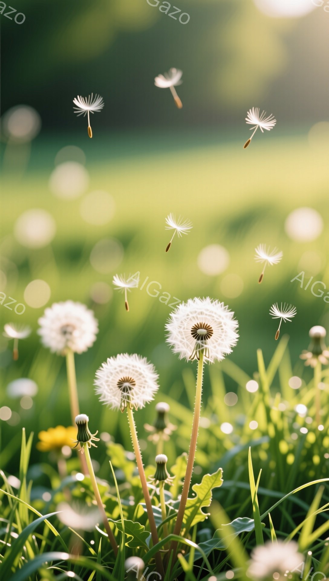 鮮やかな緑の草原に、タンポポの綿毛が舞っている。背景はぼかしてあり、光が差し込み、暖かく穏やかな雰囲気を醸し出している。種子を散らすタンポポは、春の生命力や希望を象徴しているようだ。 - AI生成フリー素材