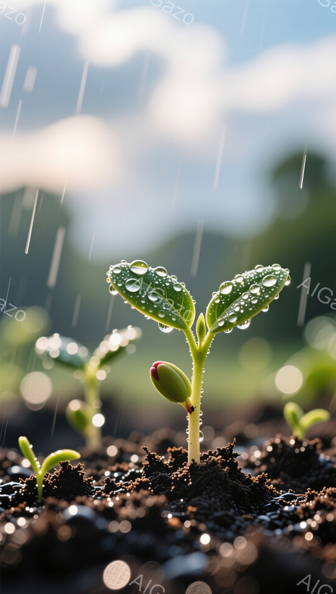 土の中から芽が出ている様子が捉えられた写真です。葉には雨粒がつき、新緑の鮮やかさが際立っています。背景はぼやけており、雨の日の生命の息吹を感じさせる優しい雰囲気です。