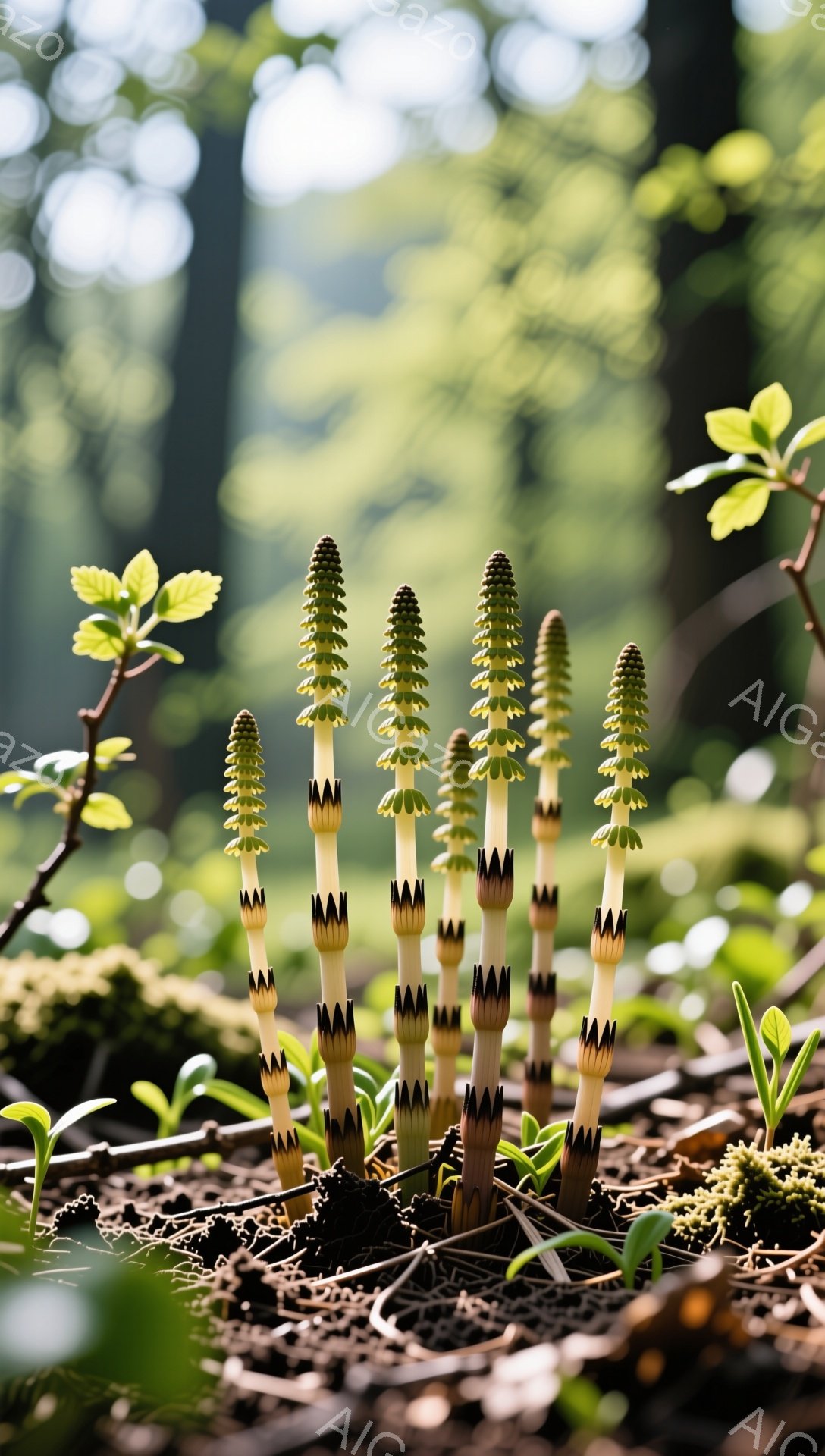 湿った森の床に、ユニークな形状をした植物群が生えている。緑豊かな葉と、白と茶色の模様が特徴的な茎が目を引く。周囲は落ち葉や苔で覆われ、静かで神秘的な雰囲気を醸し出している。 - AI生成フリー素材