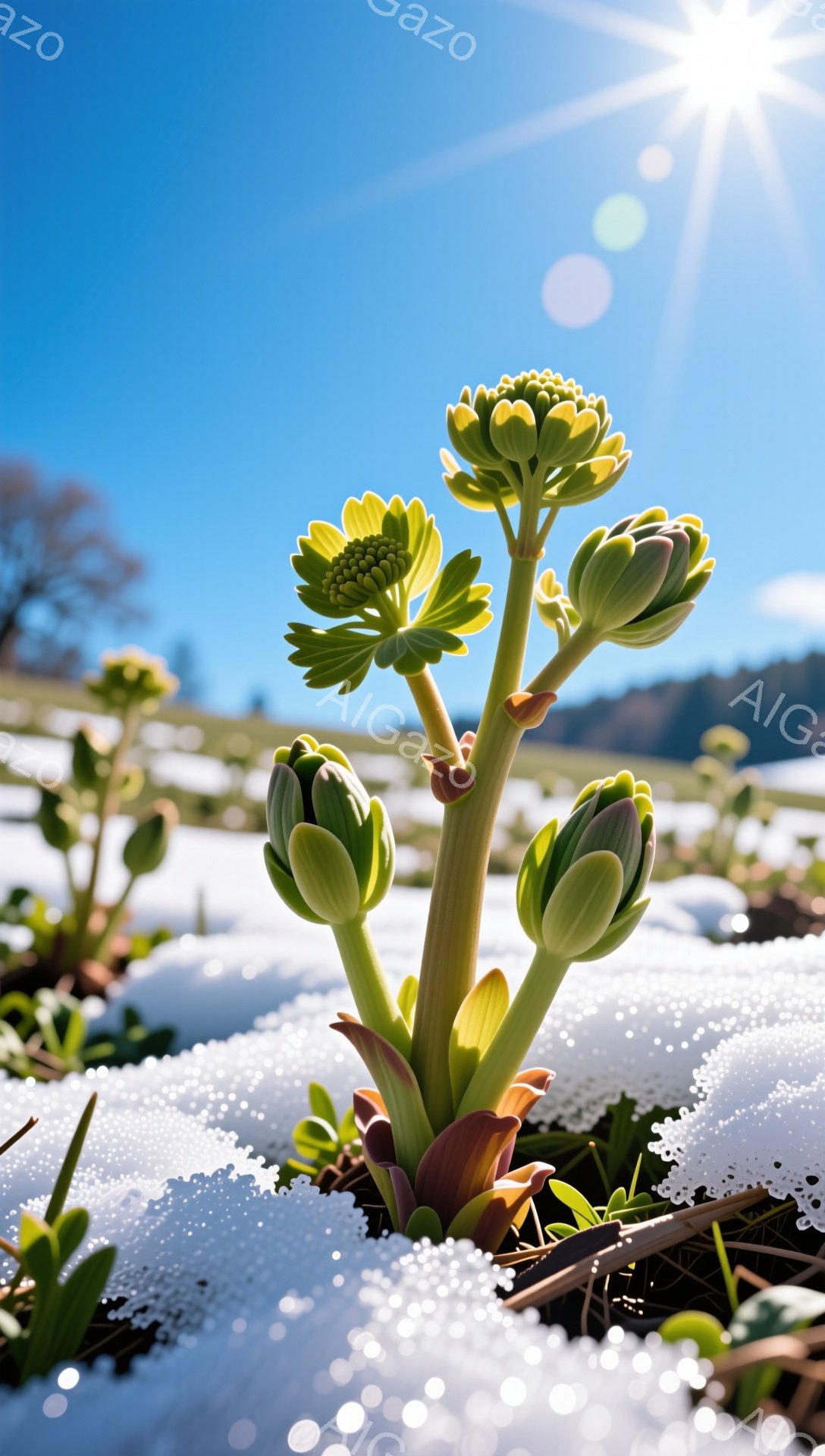 雪の中に力強く咲く植物が印象的な写真です。まだ雪が残る地面から顔を出し、春の訪れを告げるように緑色の芽を伸ばしています。鮮やかな空と太陽の光が、生命の息吹を感じさせます。