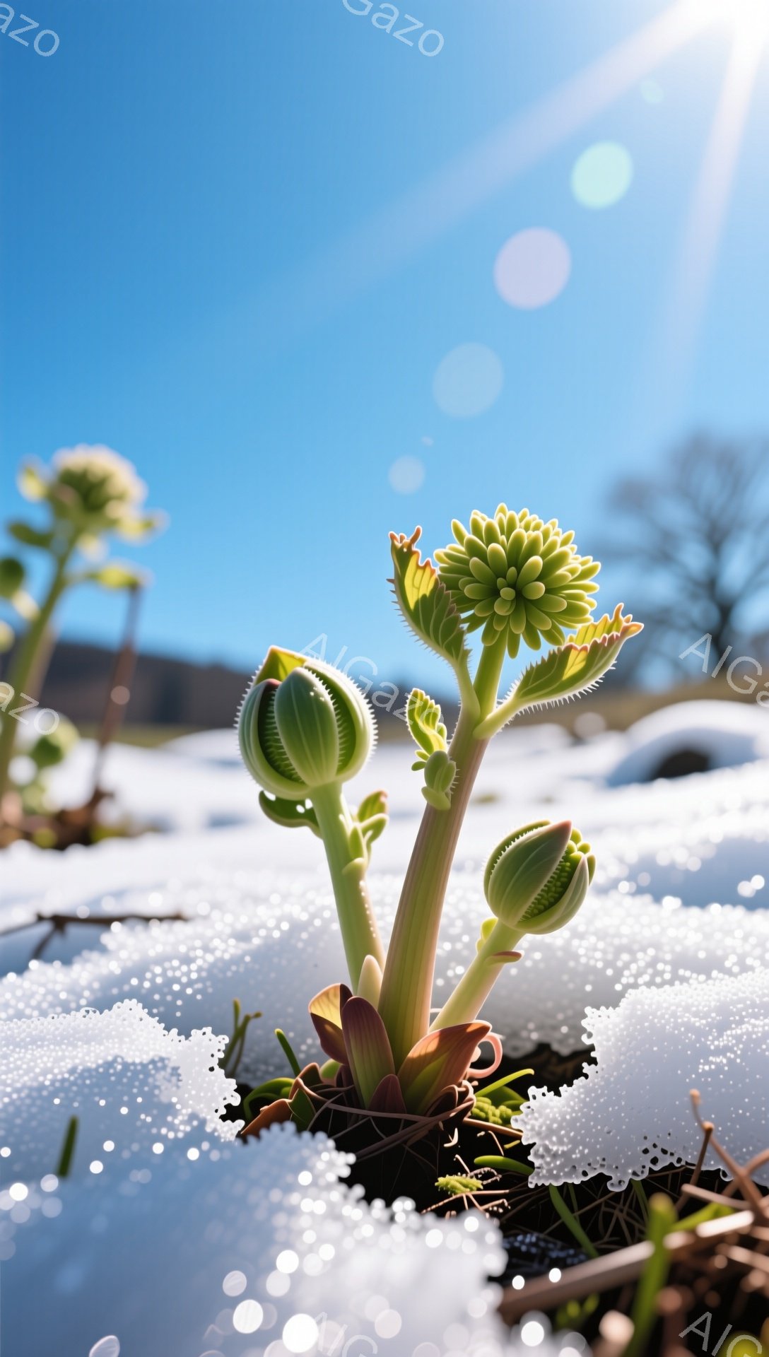 雪の中から顔を出す、春の芽吹きを捉えた写真です。まだ雪が残る地面に、緑色の芽が力強く生えています。背景にはぼやけた山々と青空が広がり、希望に満ちた暖かい雰囲気を醸し出しています。 - AI生成フリー素材
