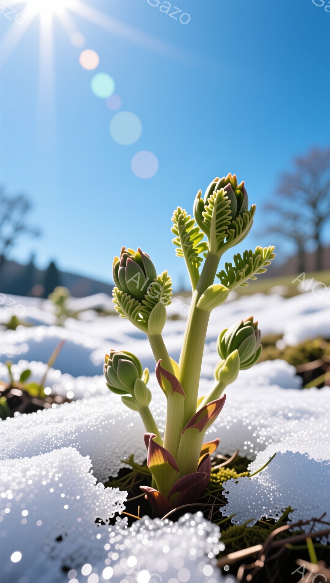 雪の中から顔を出す可愛らしい植物が印象的な一枚です。まだ雪解けが残る地面から芽を出し、力強く成長しようとしている様子が春の訪れを感じさせます。太陽の光が暖かく、希望に満ちた雰囲気です。