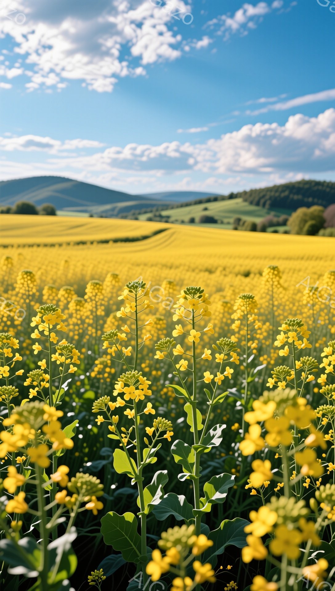 広大な菜の花畑が広がり、背景には穏やかな丘陵が広がっている。青い空と白い雲が美しいコントラストを生み出し、暖かい日差しが花々を照らしている。手前に咲く菜の花は鮮やかで、春の訪れを感じさせる風景だ。