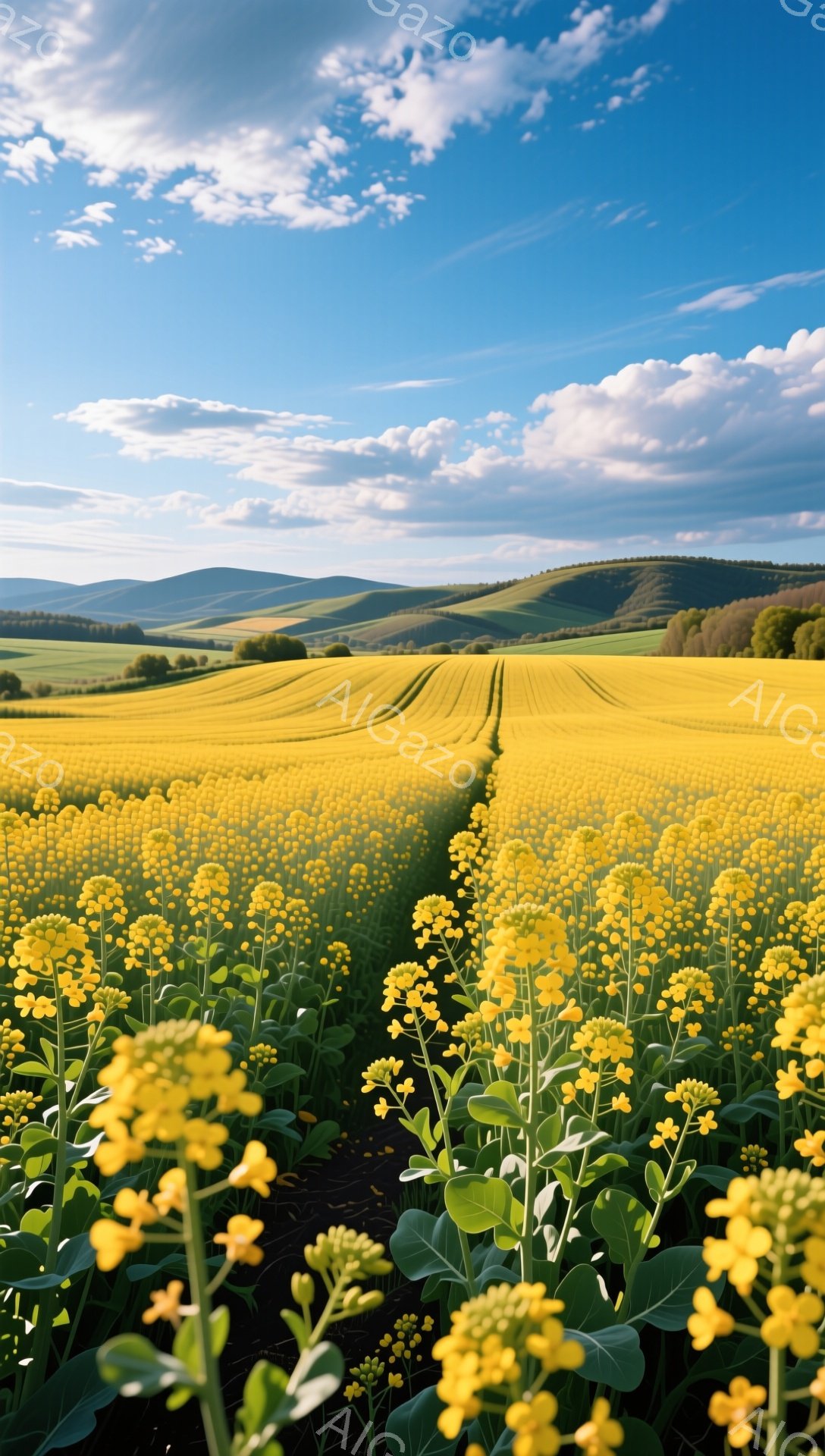広大な菜の花畑が広がり、黄色い花々が太陽の光を浴びて輝いている。遠くには緑の丘が連なり、空は青く澄み渡っている。暖かく穏やかな雰囲気で、春の訪れを感じさせる風景だ。 - AI生成フリー素材