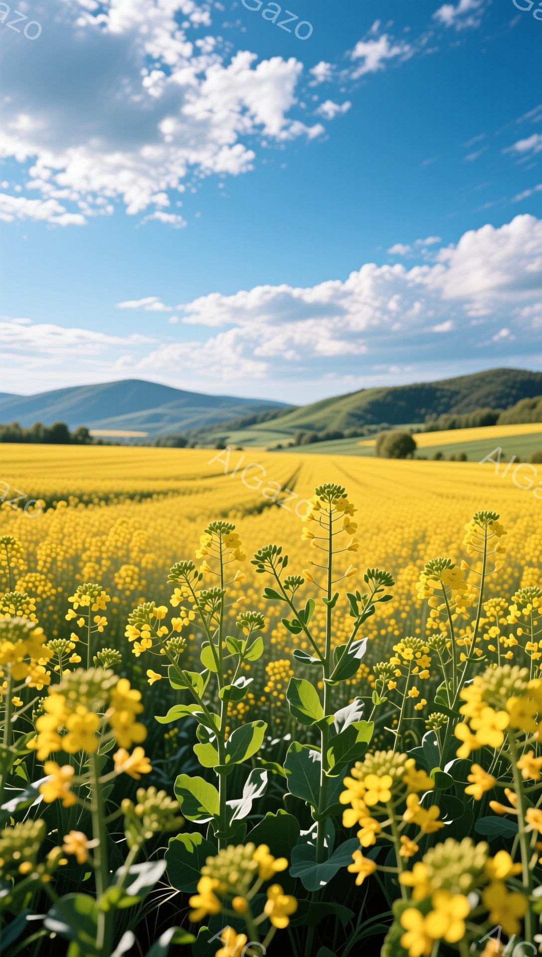 広大な菜の花畑が広がり、青い空と白い雲が美しいコントラストを生み出している。手前の菜の花は鮮やかな黄色で、奥には緑の丘が連なっている。穏やかで平和な雰囲気を感じさせる風景だ。