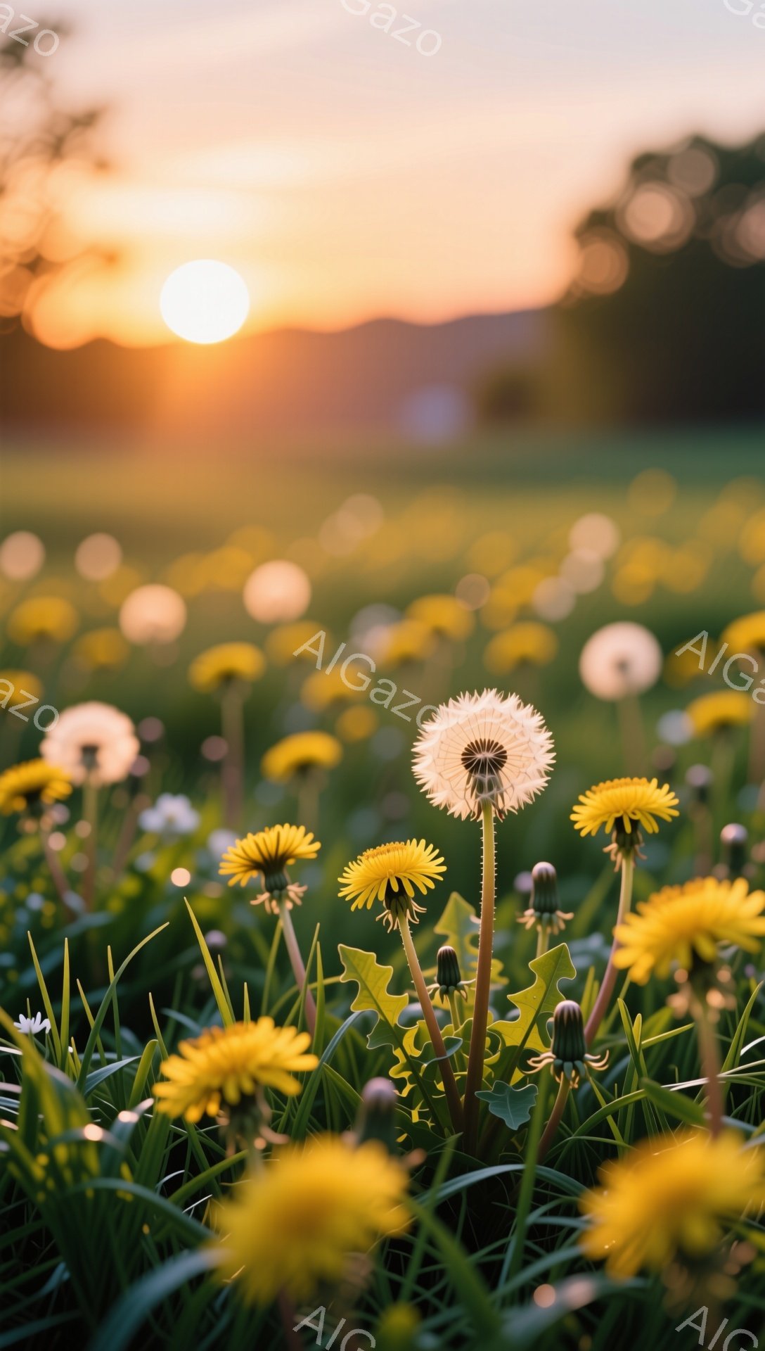 鮮やかなタンポポが咲き乱れる草原。夕焼け空が背景に広がり、暖かく穏やかな雰囲気を醸し出しています。手前のタンポポは綿毛となり、種を風に乗せて運ぶ瞬間を捉えています。 - AI生成フリー素材