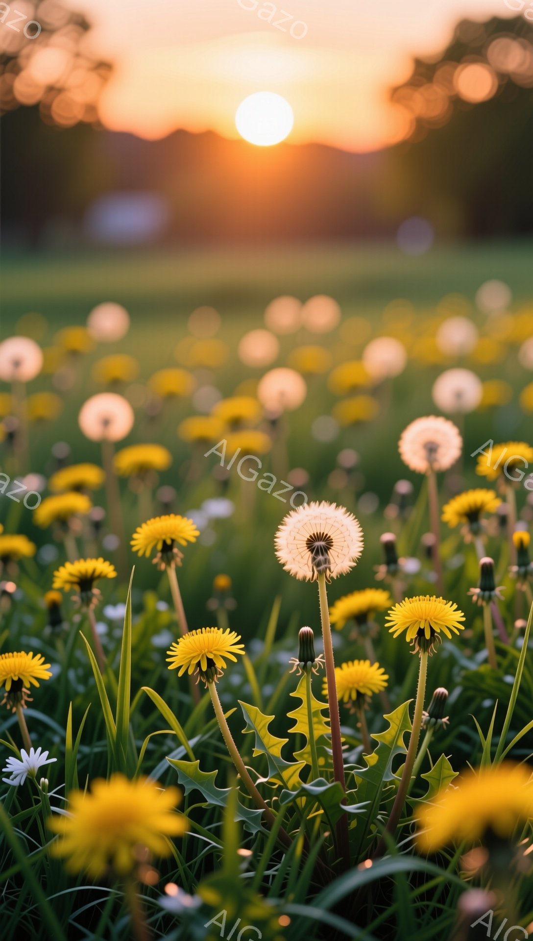 夕焼けを背景に、タンポポが咲き乱れる草原。手前のタンポポはぼやけており、奥のタンポポと太陽が輝き、暖かく穏やかな雰囲気を醸し出しています。風に揺れる緑の草々と、綿毛になったタンポポが、夏の日の穏やかさ - AI生成フリー素材