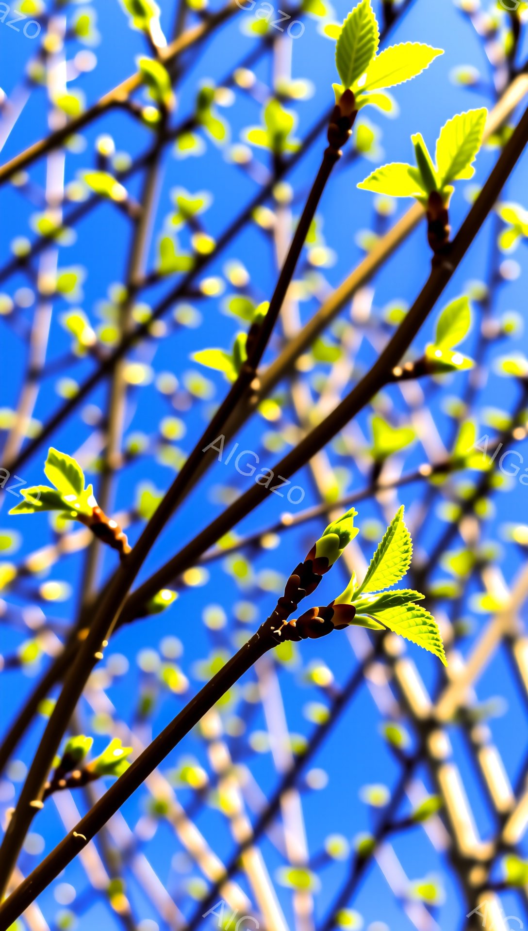 鮮やかな青空を背景に、新芽が芽吹く枝が伸びている。葉はまだ若々しく、光に透けて明るい緑色をしている。春の息吹を感じさせる、希望に満ちた光景だ。 - AI生成フリー素材