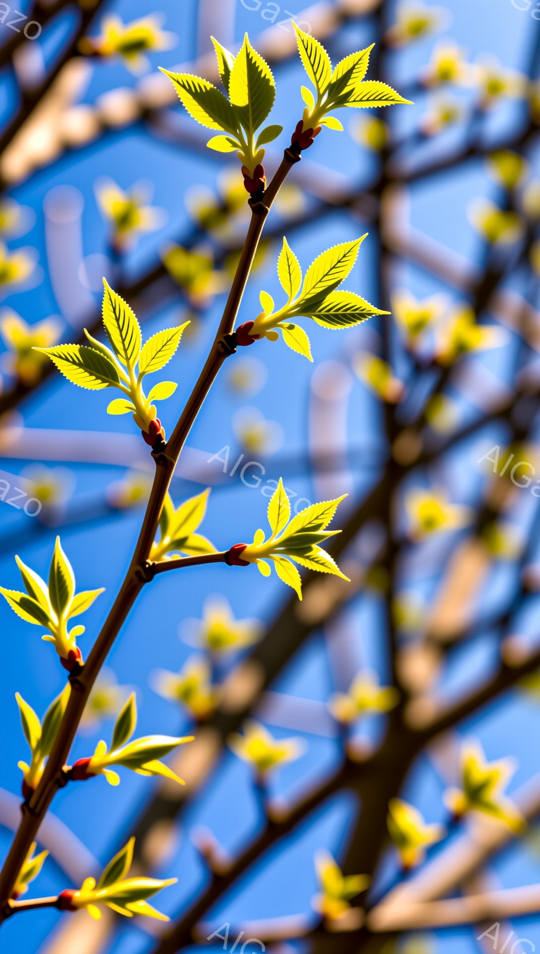 空を背景に、新緑の葉が鮮やかに広がっている。枝はうねりながら空へ伸び、生命力に満ち溢れた印象を与える。春の暖かさと希望を感じさせる、爽やかな光景である。 - AI生成フリー素材
