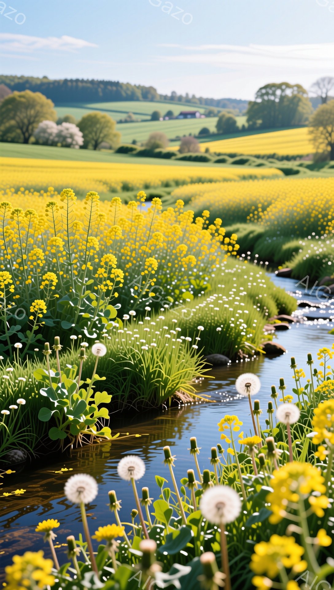広大な黄色い花畑と小川が広がり、穏やかな春の風景が描かれています。手前の水辺にはタンポポの綿毛が咲き、水面に映る空と花の色が美しいコントラストを生み出しています。遠くには緑の丘と木々が見え、のどかな田 - AI生成フリー素材