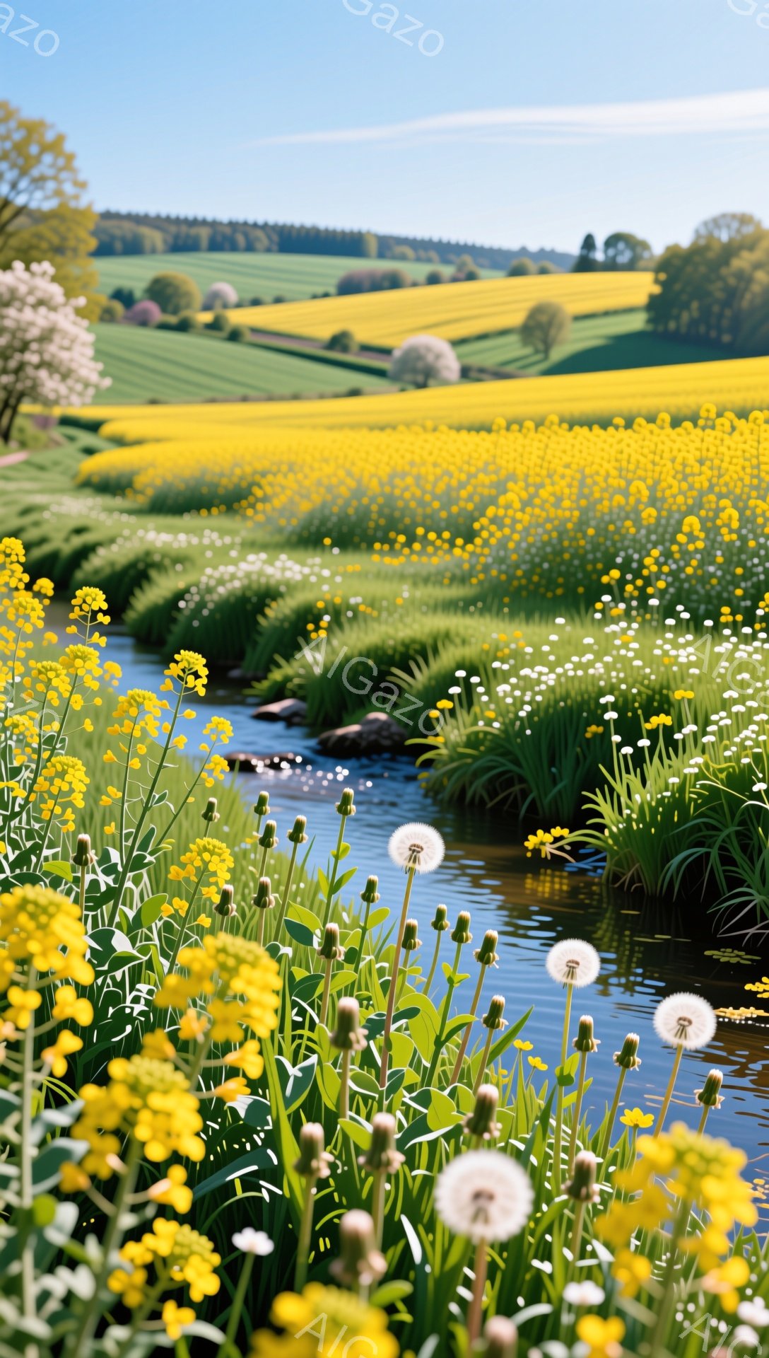 広大な黄色い花畑が広がり、小川がその中を蛇行している。背景には緑豊かな丘陵地帯が広がり、穏やかで平和な雰囲気を醸し出している。手前の花々は鮮やかで、春の暖かさを感じさせる。 - AI生成フリー素材