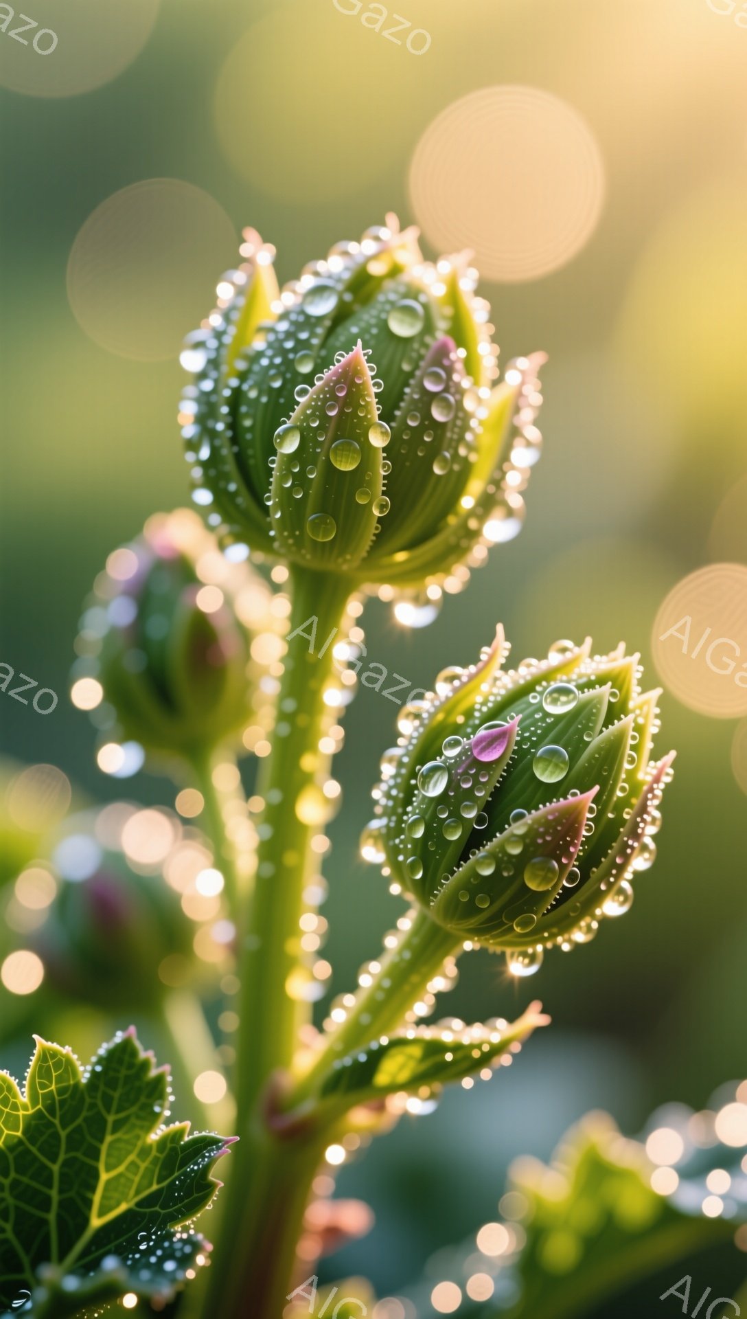 露に濡れた緑色の花蕾が、朝日に照らされてキラキラと輝いている。背景にはぼやけた緑の葉と光の球が散りばめられ、爽やかで幻想的な雰囲気を醸し出している。雨上がりの自然の美しさを捉えた、繊細なマクロ写真である。