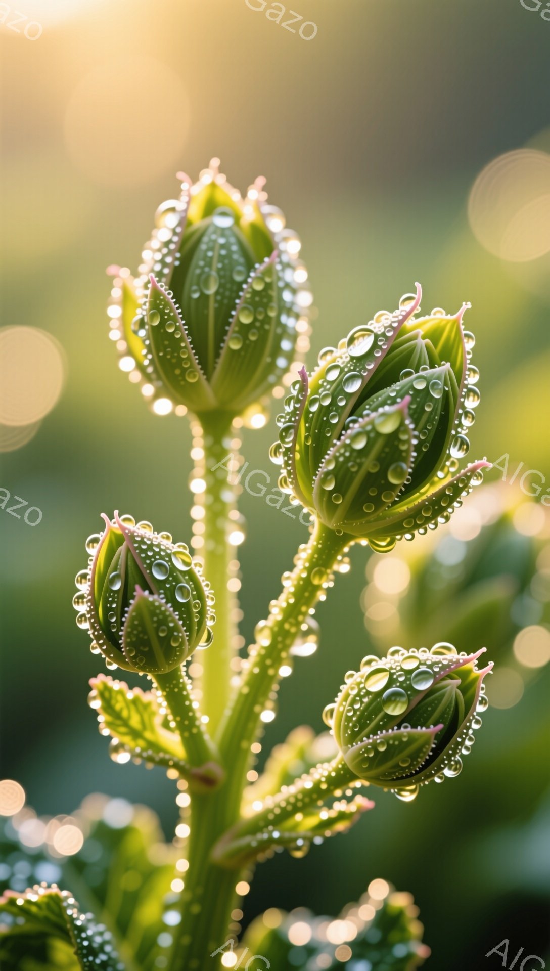 露に濡れた植物のつぼみが、朝日に照らされて輝いている。繊細な葉脈と水滴が、まるで宝石のようにきらめき、生命の息吹を感じさせる。背景はぼかされており、柔らかな光が全体を包み込んでいる。