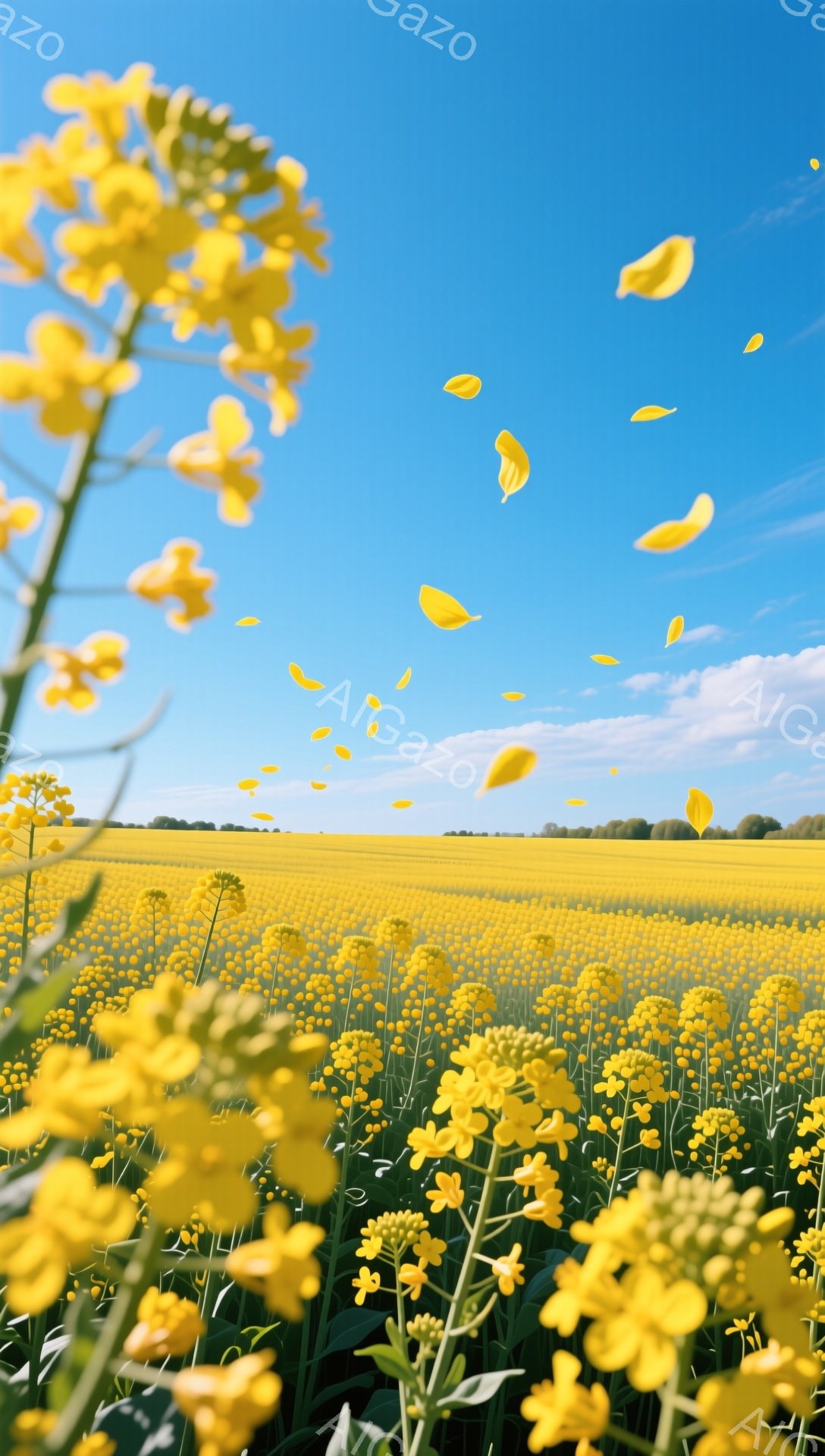 広大な菜の花畑がどこまでも続き、鮮やかな黄色が目に飛び込んできます。空は澄み切った青空で、ところどころに白い雲が浮かび、穏やかな春の陽気を感じさせます。菜の花の蜜蜂や蝶が飛び交い、自然の生命力に満ち溢 - AI生成フリー素材