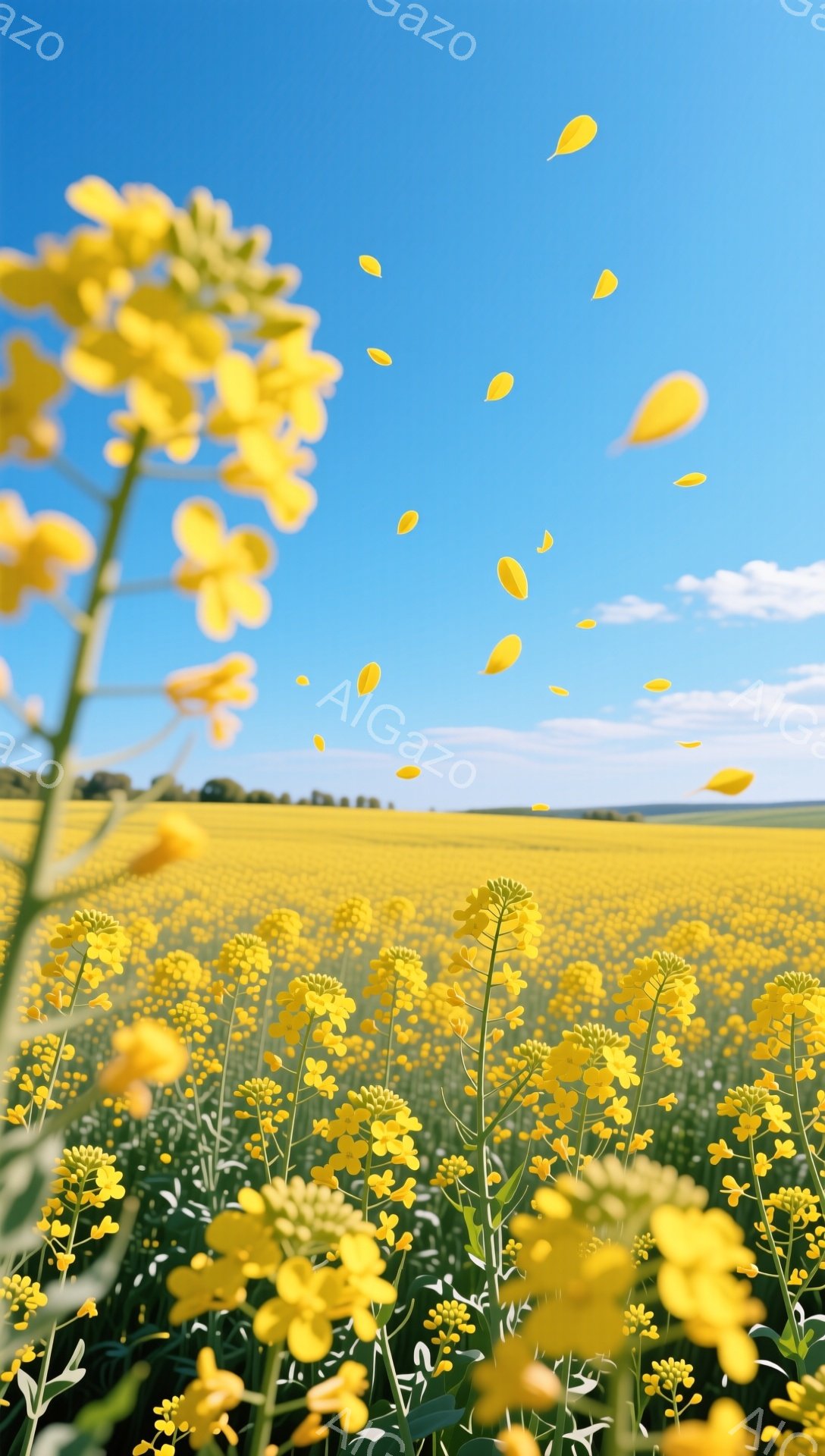 広大な菜の花畑が広がり、黄色い花が太陽の下で輝いている。花びらが風に舞い、明るく穏やかな雰囲気を醸し出している。空は澄んだ青色で、遠くには緑の丘が見える。