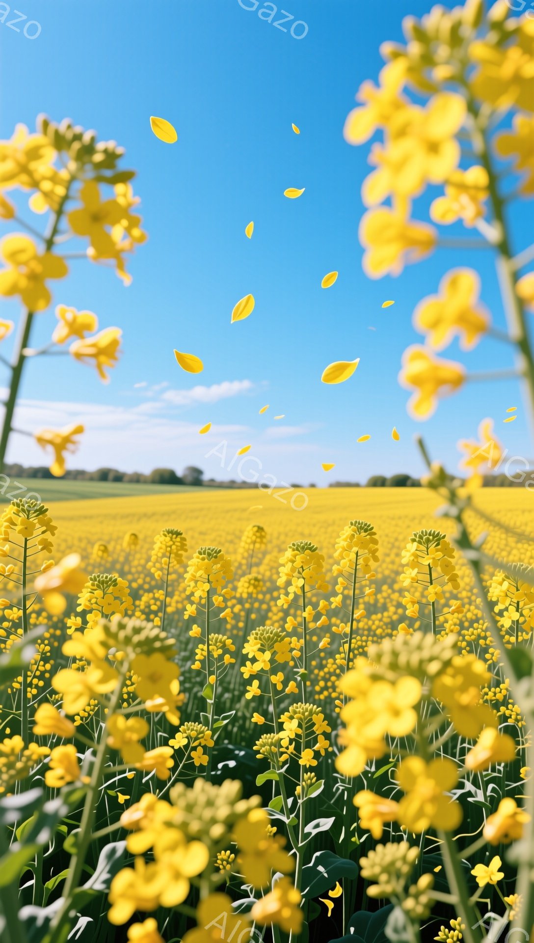 広大な菜の花畑が広がり、鮮やかな黄色い花が空に向かって咲き誇っている。花びらが舞い上がり、青い空とコントラストを描き、穏やかで明るい雰囲気を醸し出している。背景には緑の丘が見え、春の暖かさを感じさせる - AI生成フリー素材