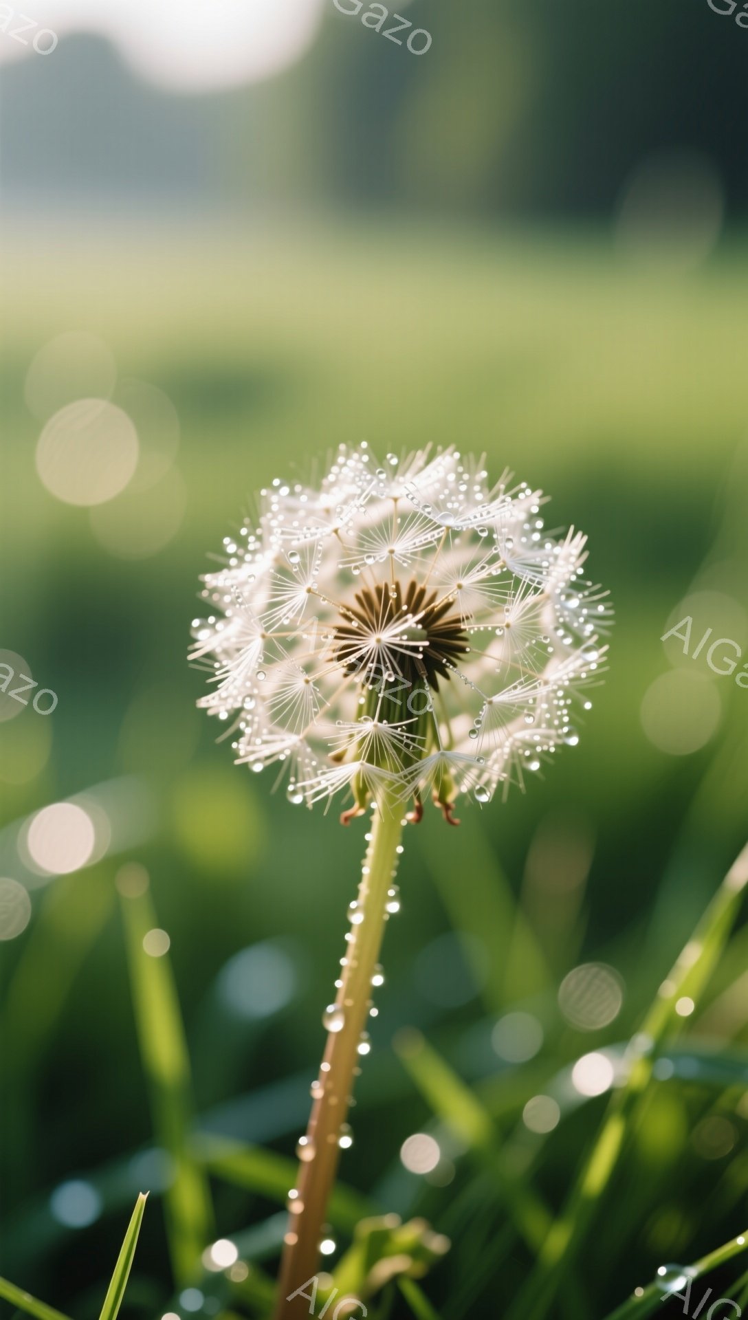 露に濡れたタンポポが緑の草むらに咲いている。種子がふわふわと風に舞い、光が背景でぼやけている。穏やかで自然な雰囲気が感じられる。 - AI生成フリー素材