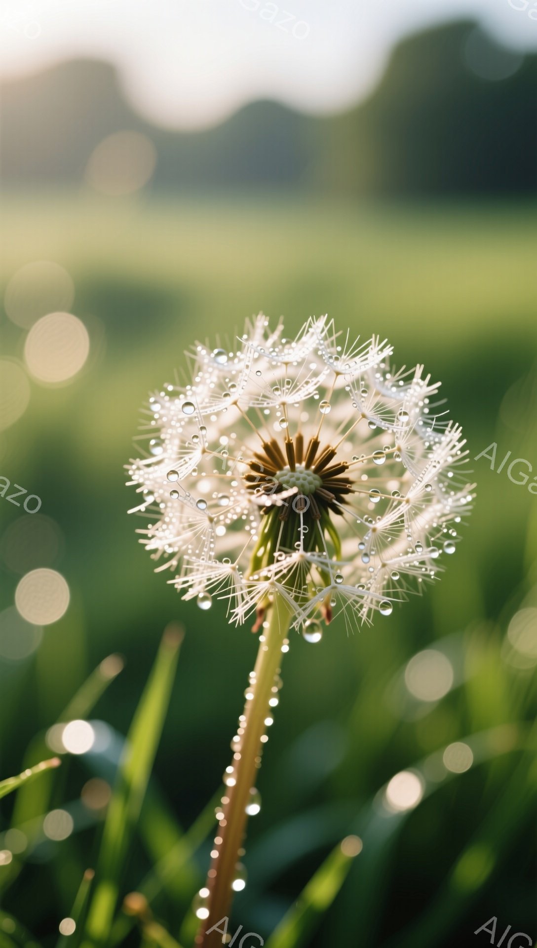 露に濡れたタンポポが、緑の草むらのなかで輝いている。朝日の光が背景をぼかして、幻想的な雰囲気を醸し出している。種子を散らす前の、完璧な球体の姿が印象的だ。