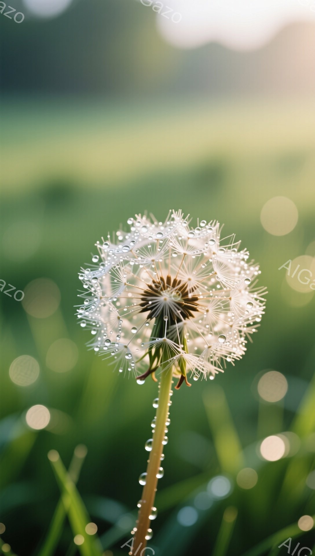 露に濡れたタンポポが、緑色の草むらの中で鮮やかに光っている。綿毛は繊細で、水滴がまるで宝石のように輝き、背景の光がぼんやりとぼやけている。静かで穏やかな、自然の美しさを捉えた一枚だ。 - AI生成フリー素材