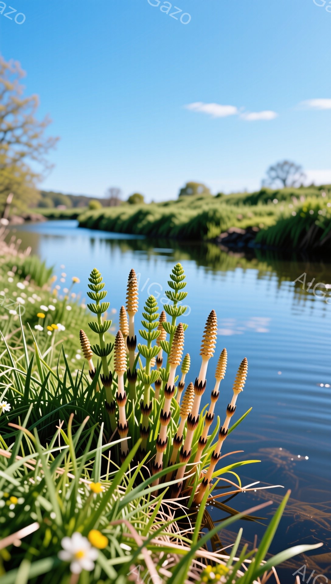 水辺の緑豊かな風景が広がっています。鮮やかな緑色の草と、独特な形状をした植物が手前に咲き、水面は穏やかに光を反射しています。背景には、緑の丘と青空が広がり、平和で静かな雰囲気が漂っています。 - AI生成フリー素材