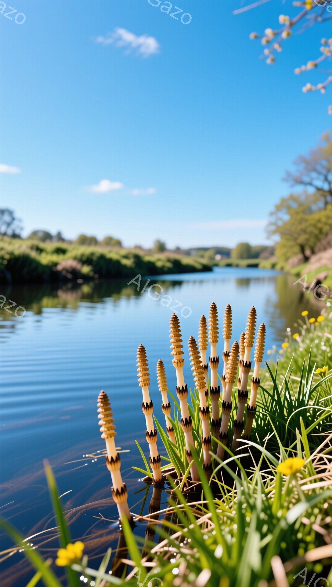 静かな湖畔で、トウヒの仲間のような植物が群生している。その鮮やかな緑と独特の形は、水面に映る姿とともに穏やかな春の雰囲気を醸し出している。背景には緑豊かな丘陵が広がり、平和な自然の風景が広がっている。