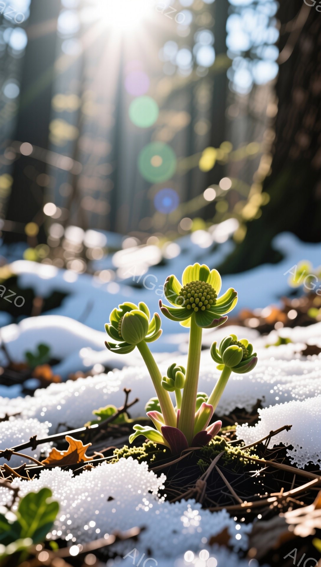 雪の中、緑色の芽が顔を出し始めている。背景には木々と太陽の光が差し込み、春の訪れを予感させる。葉は赤みがかった色をしており、雪とのコントラストが美しい。 - AI生成フリー素材