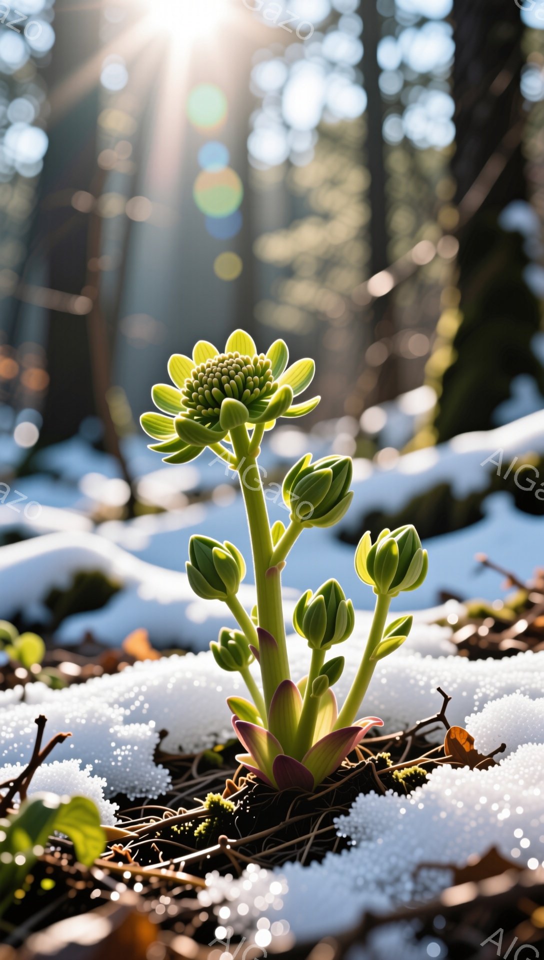 雪の中に力強く咲く緑色の花が印象的な一枚です。光が差し込み、雪の輝きと花の鮮やかな緑色が対照的に描かれています。冬の厳しい環境でも生命力を感じる、希望に満ちた情景です。 - AI生成フリー素材