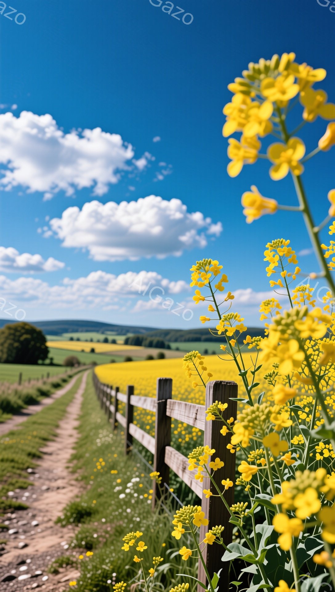 青々とした菜の花畑と白いフェンスが印象的な風景です。遠くには緑の丘が広がり、青空の下で穏やかな雰囲気が漂っています。手前に咲く菜の花は鮮やかで、春の訪れを感じさせます。