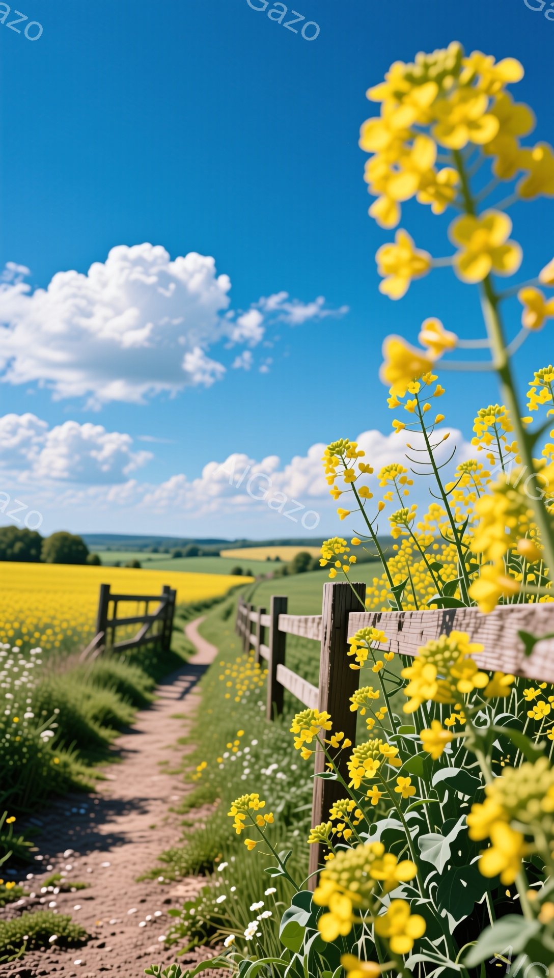 広大な菜の花畑が広がり、その奥には緑の丘が見える。木製のフェンスが畑と道沿いに続いており、明るい青空と白い雲が広がる美しい風景だ。太陽の光が降り注ぎ、穏やかで平和な雰囲気を醸し出している。