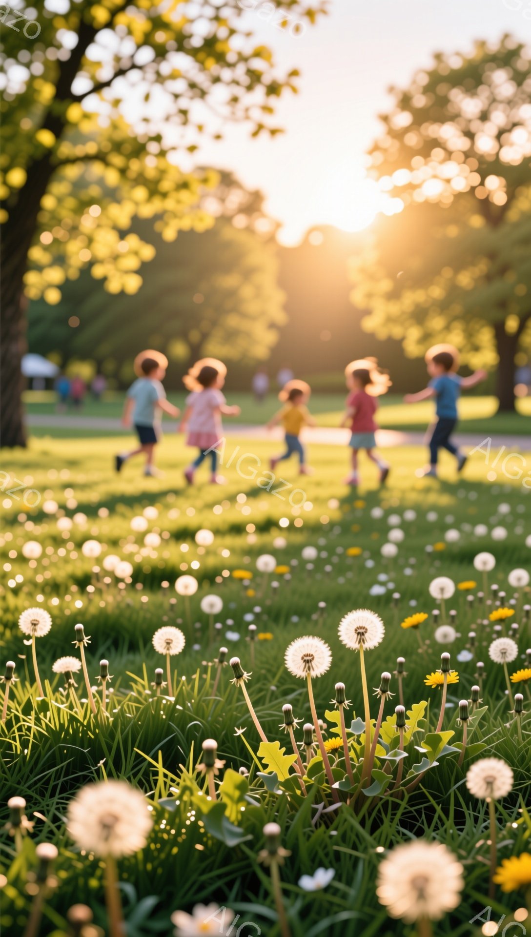 鮮やかな緑の草地にタンポポが咲き乱れ、子供たちが楽しそうに駆け回っている。夕日の光が差し込み、背景はぼやけて暖かく優しい雰囲気を醸し出している。子供たちは明るい色の服を着ており、無邪気な笑顔が想像され - AI生成フリー素材