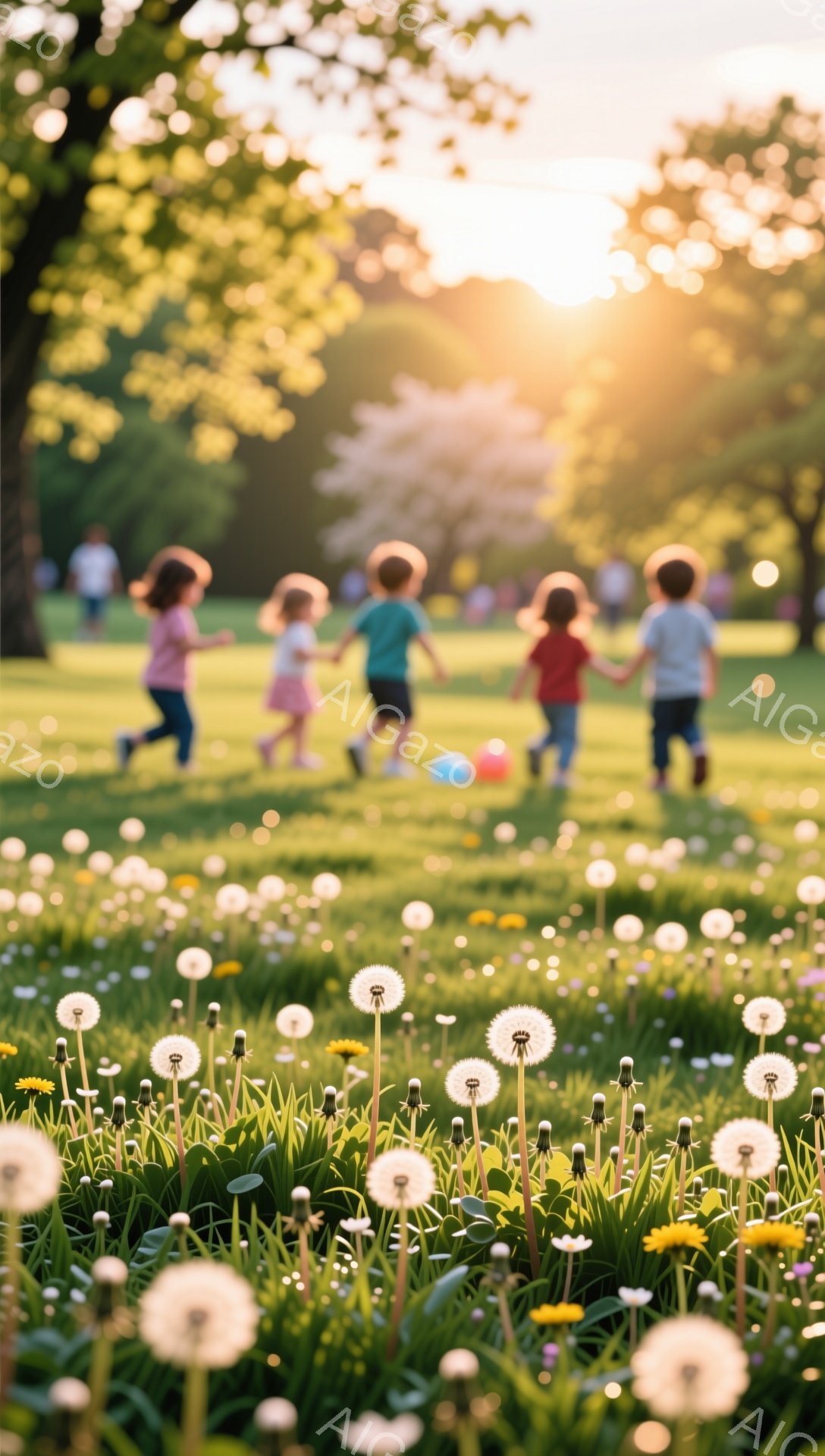 芝生の上を数人の子供たちが手をつないで走っている。タンポポが咲き乱れる背景は柔らかい光に包まれ、暖かく幸せな雰囲気を醸し出している。子供たちは皆、カジュアルな服装で、笑顔が見て取れる。