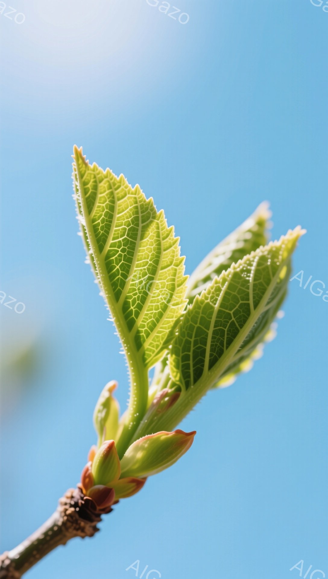 新緑の葉が空を背景に鮮やかに映えています。葉脈がくっきりと浮かび上がり、生命力に満ちた様子が伝わってきます。春の訪れを感じさせる、希望に満ちた一枚です。 - AI生成フリー素材
