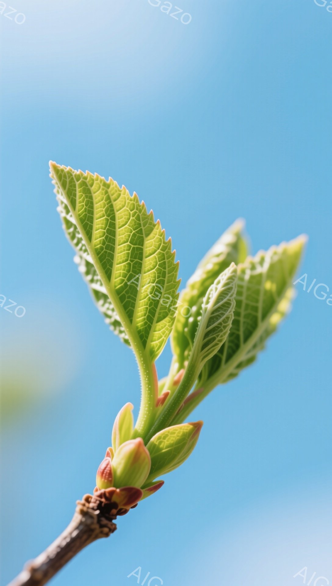 新緑の若葉が青空を背景に力強く伸びています。葉脈がはっきりと見え、生命力に満ち溢れた様子が伝わってきます。春の訪れを感じさせる、希望に満ちた一枚です。 - AI生成フリー素材