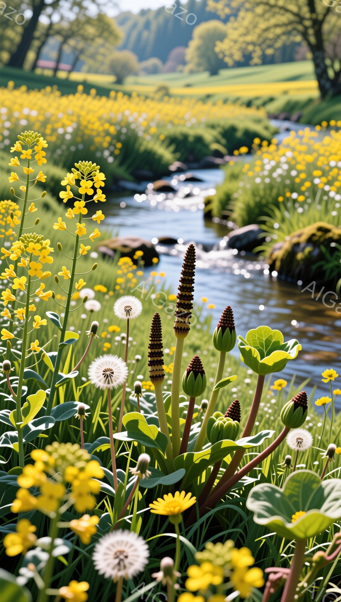 鮮やかな黄色の花々と白いタンポポが咲き乱れる風景です。背景には小川が流れ、緑豊かな自然が広がっています。穏やかで平和な雰囲気が感じられます。