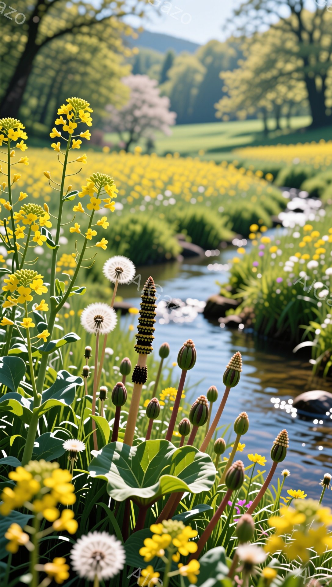 鮮やかな黄色い花々が咲き乱れ、小川が流れる風景です。手前の花壇には、タンポポや他の野草が咲き、その奥には緑豊かな木々が生い茂っています。穏やかな日差しが降り注ぎ、自然の美しさを強調しています。