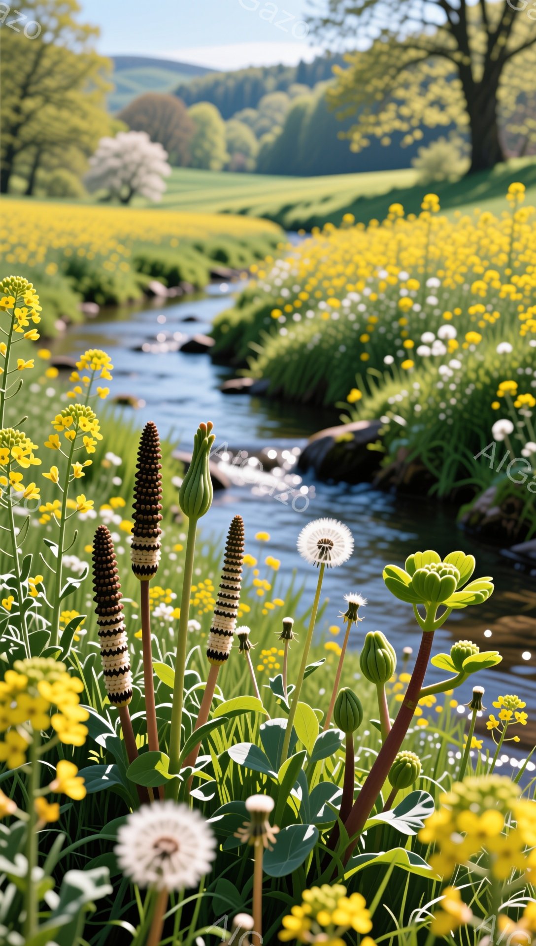 鮮やかな黄色の花々が咲き乱れる風景で、手前に特徴的な形をした植物がいくつか見えます。遠くには穏やかな川が流れ、緑豊かな風景が広がっています。春の暖かく穏やかな日差しが感じられる、自然豊かな美しい情景です。