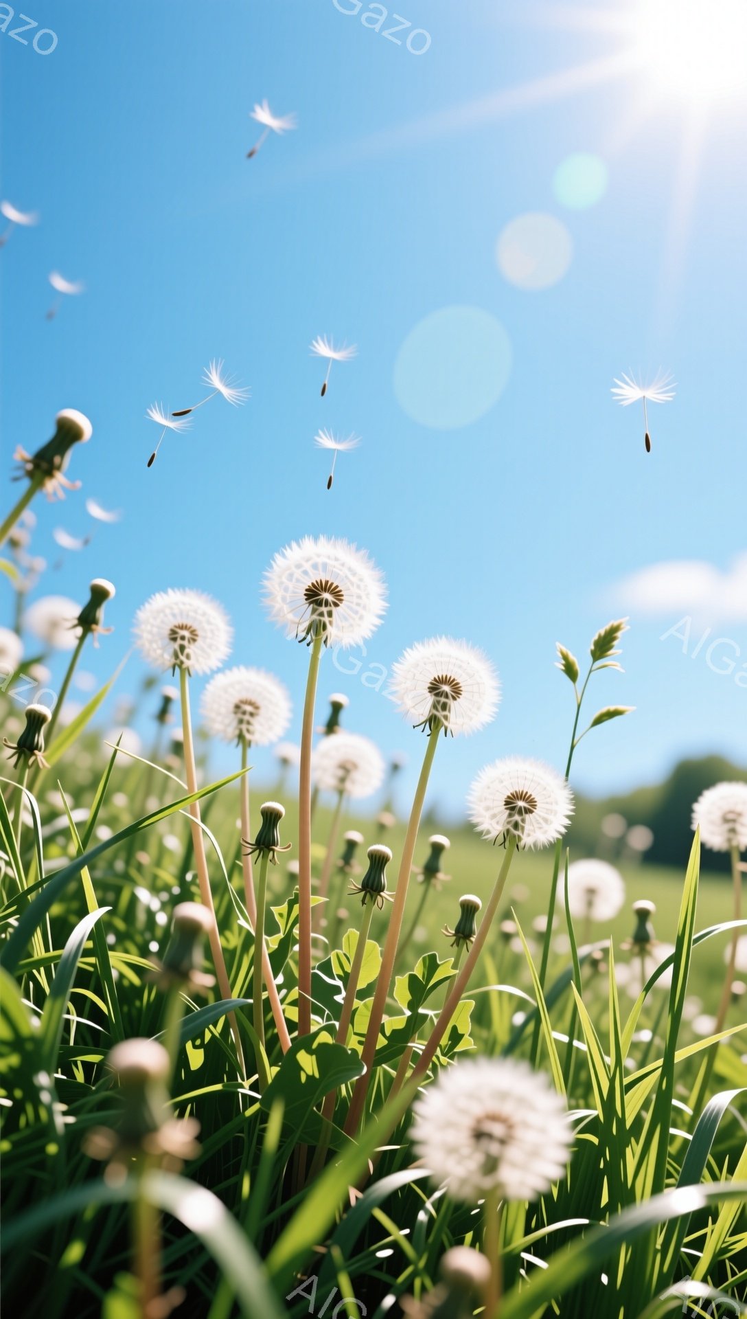 鮮やかな緑の草むらの中に、白いタンポポが咲き乱れている。光が差し込み、タンポポの綿毛が風に舞っている様子が捉えられており、穏やかで暖かい雰囲気が感じられる。空は青く、背景にはぼんやりと風景が見える。 - AI生成フリー素材