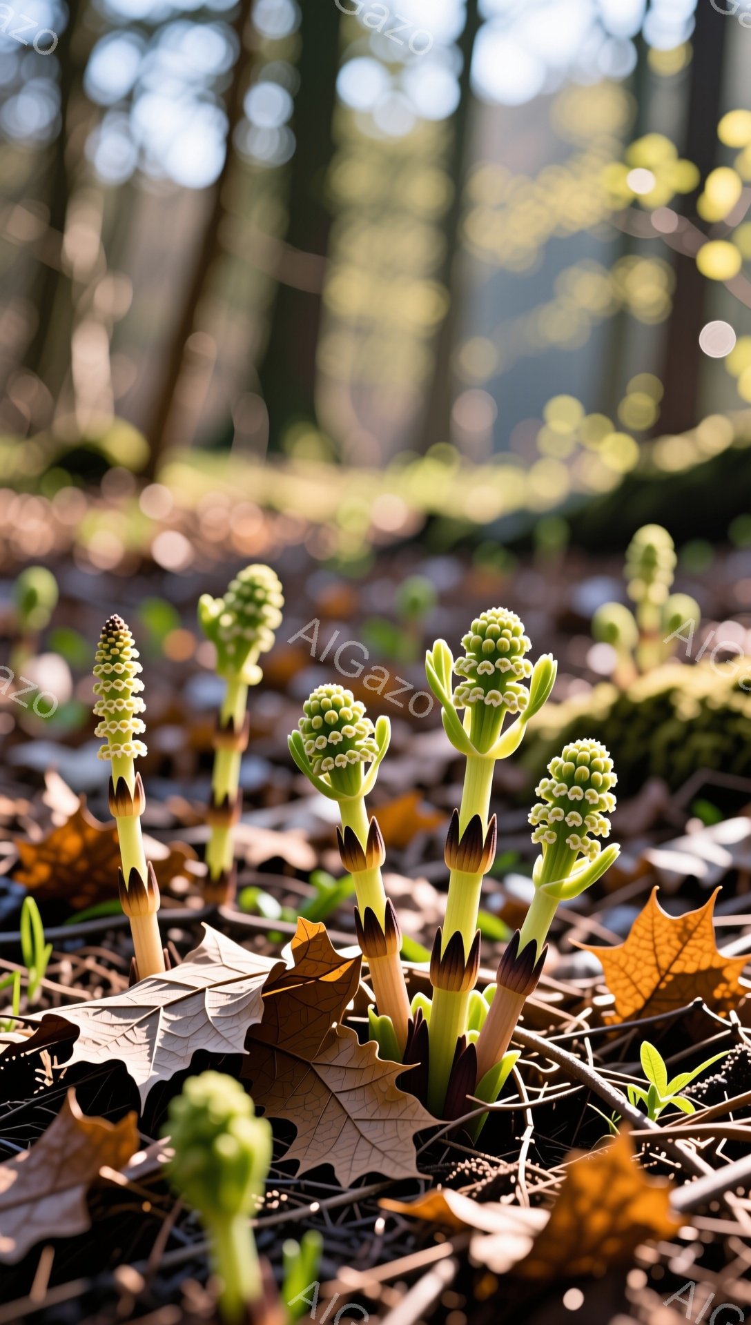 地面から顔を出すスズランが複数咲き、春の訪れを感じさせる。周囲には枯れ葉が散らばり、柔らかな光が差し込み、暖かく穏やかな雰囲気を醸し出している。まだ土の中から顔を出す幼いスズランと、既に咲き始めたスズ - AI生成フリー素材
