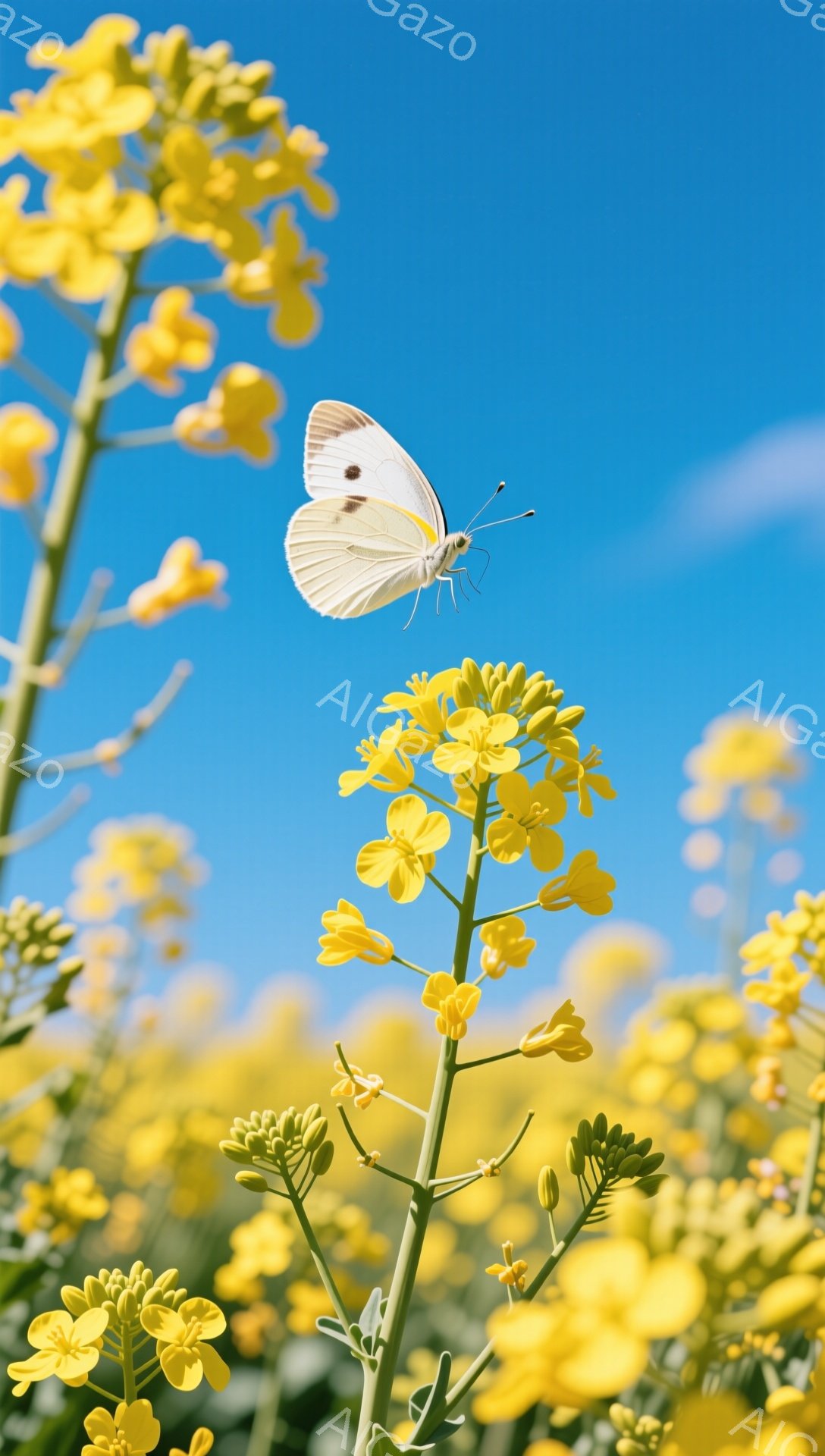 空は鮮やかな青色で、菜の花畑が広がっている。白い蝶が菜の花の上に舞い、春の穏やかな雰囲気を醸し出している。黄色い花々と青空のコントラストが美しい。 - AI生成フリー素材