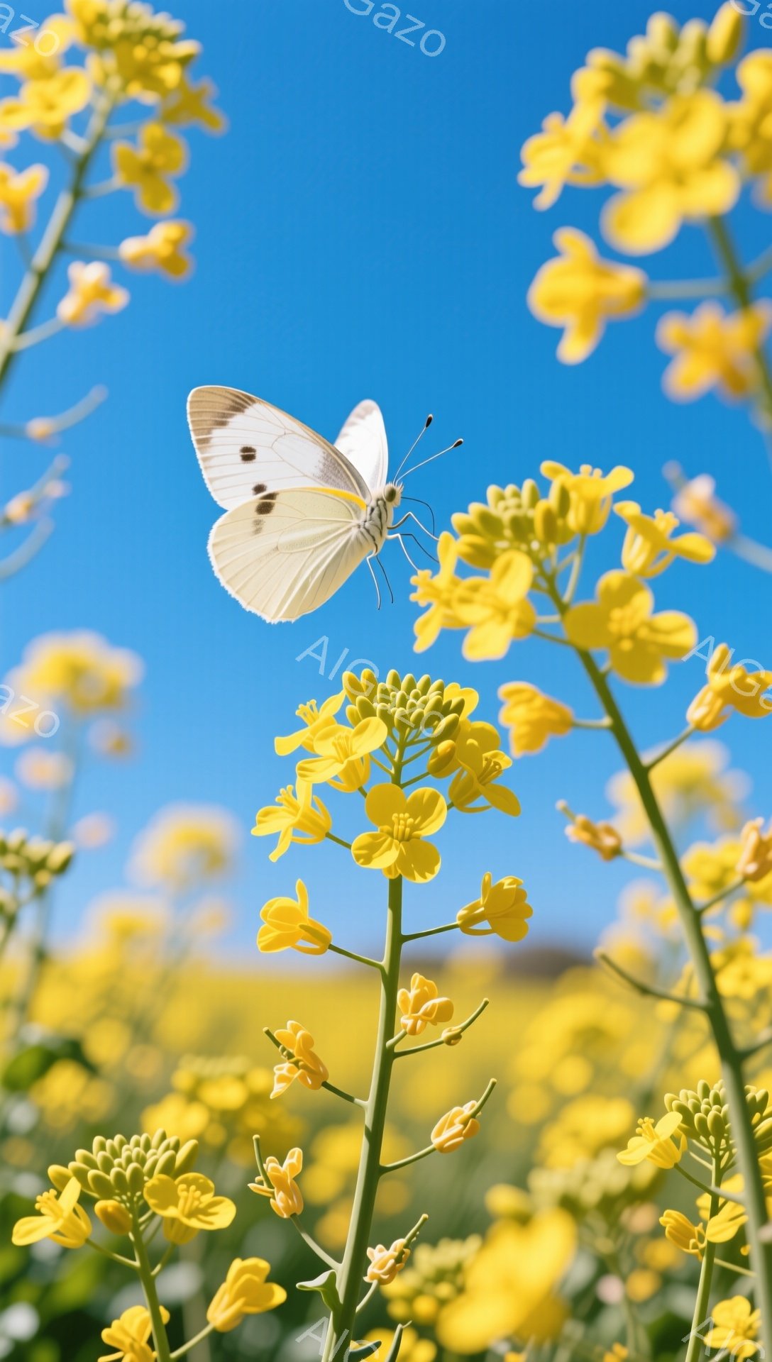 青空を背景に、菜の花畑で蝶が舞っている様子が捉えられています。鮮やかな黄色い花々と白い蝶のコントラストが美しく、穏やかな春の陽気を感じさせます。菜の花は咲き誇り、背景はクリアな青空が広がっています。 - AI生成フリー素材