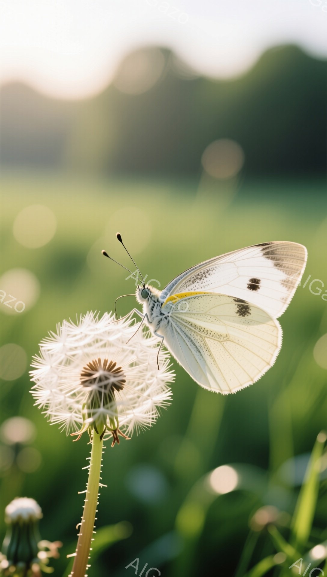 タンポポの綿毛にとまっている白い蝶が写っています。背景は緑豊かな草むらで、柔らかい光が差し込んでおり、穏やかで優しい雰囲気です。蝶の繊細な模様と、綿毛のふわふわした質感が印象的です。 - AI生成フリー素材